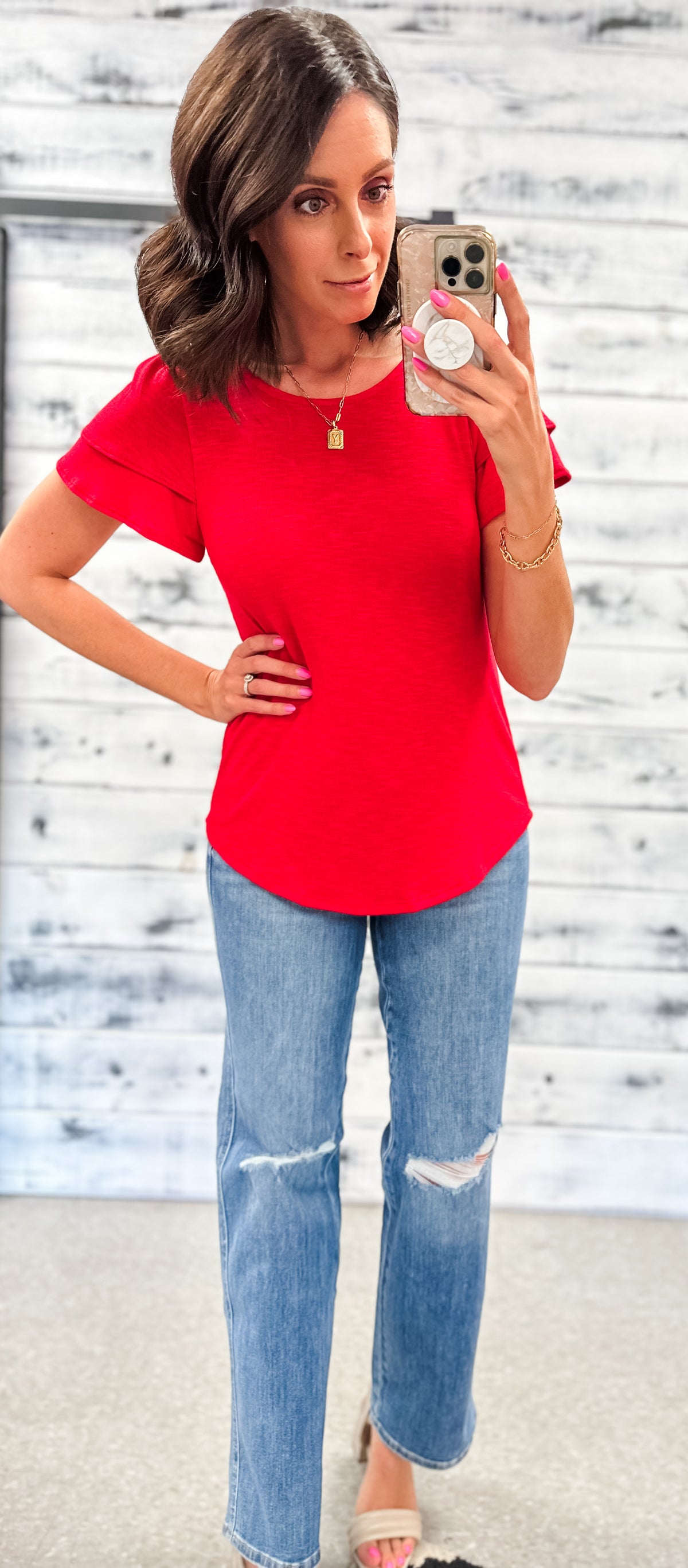 Red Double Ruffle Sleeve Top