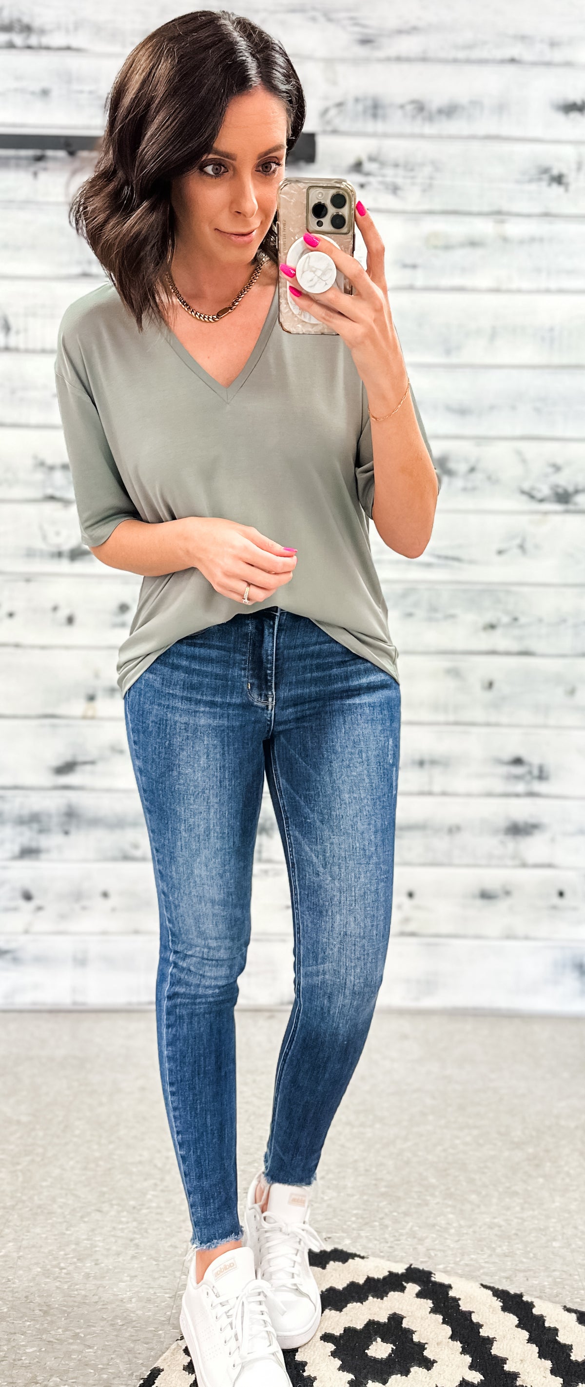 Deep Muted Sage V-Neck Drop Shoulder Relaxed Top