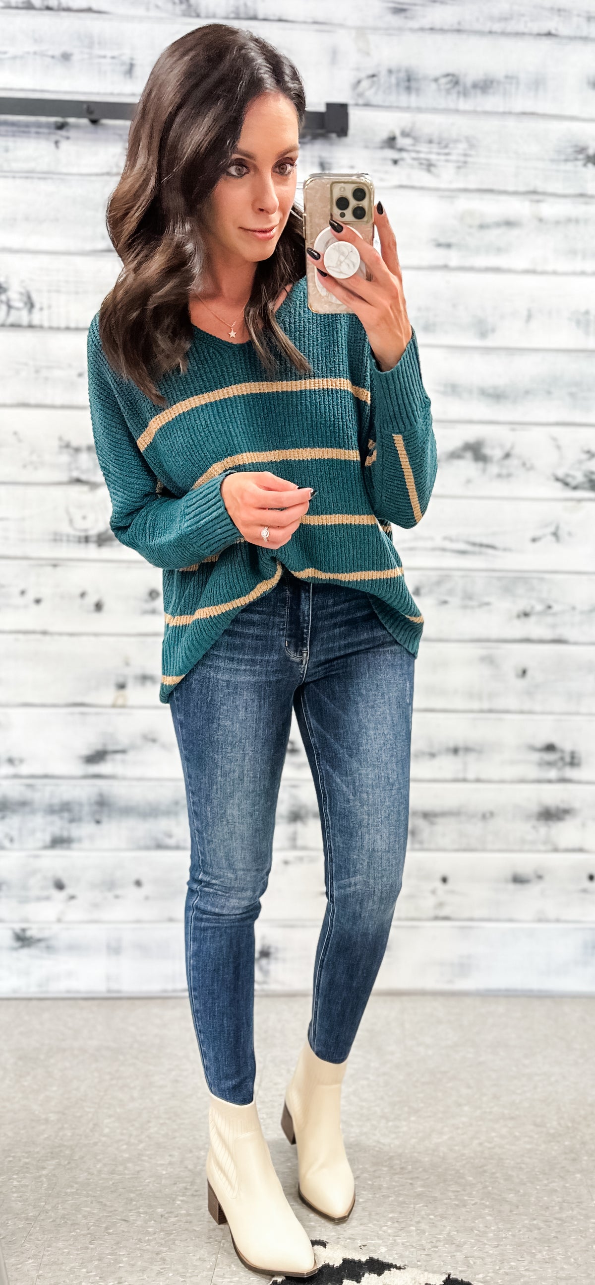 Deep Teal &amp; Tan Striped Sweater