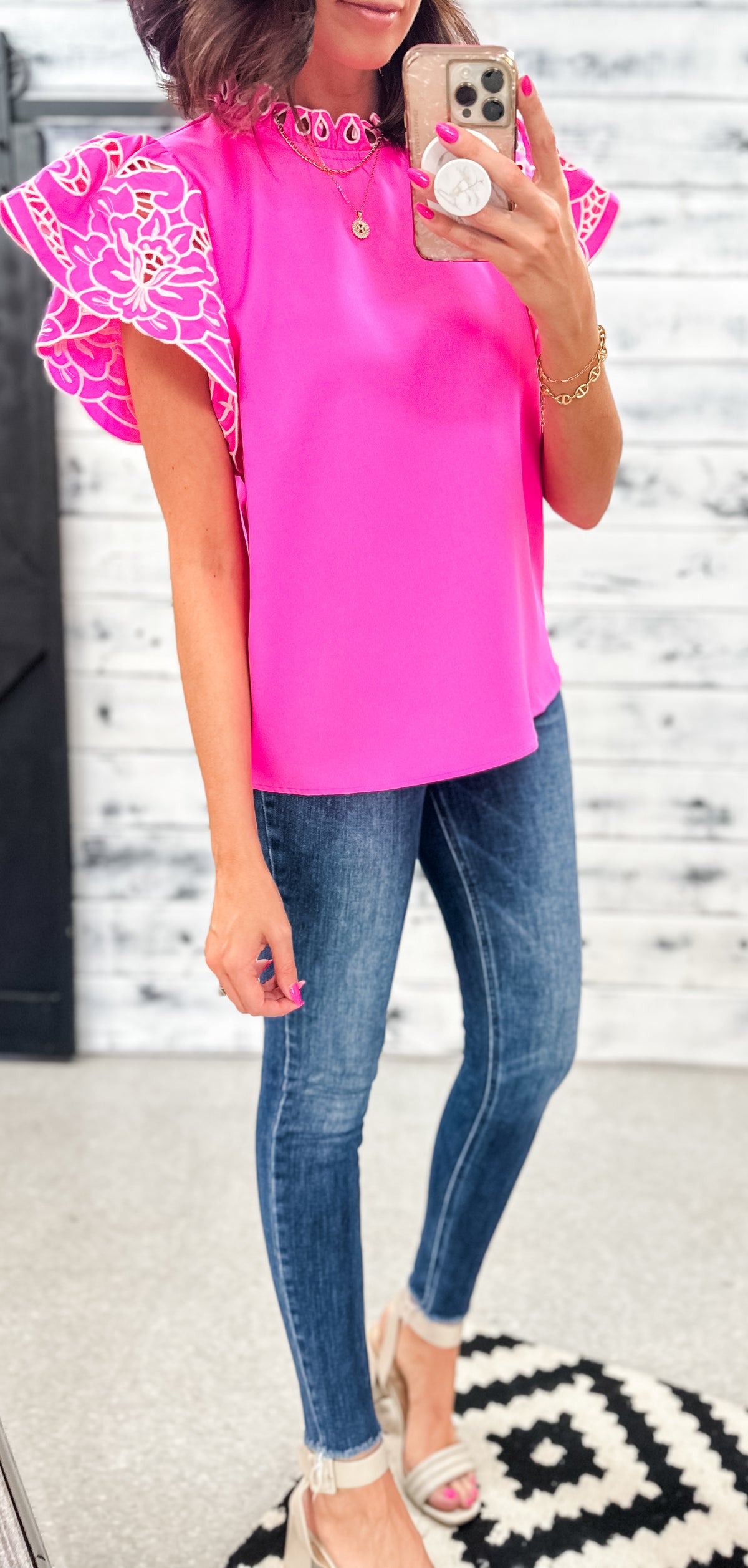 The Kassidy Hot Pink Embroidered Poofy Sleeve Blouse