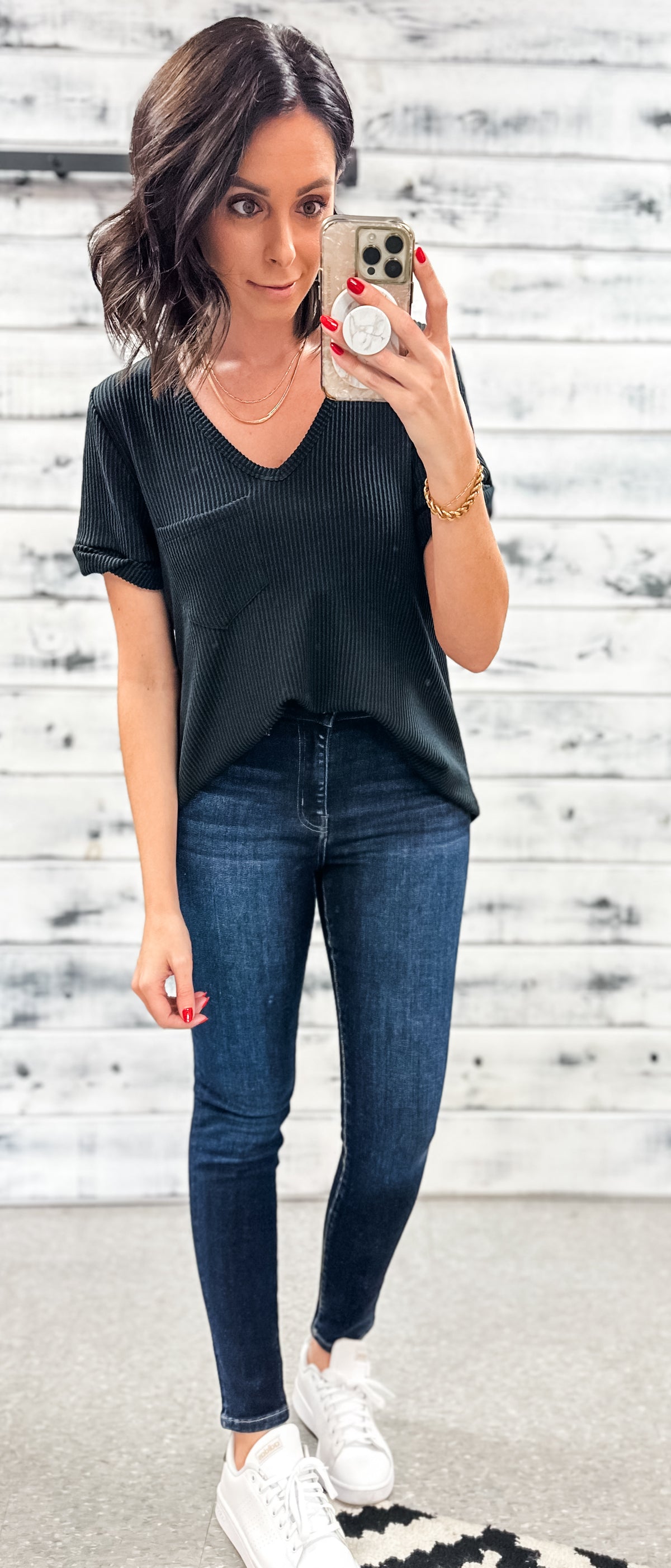 Black Ribbed V-Neck Pocket Top