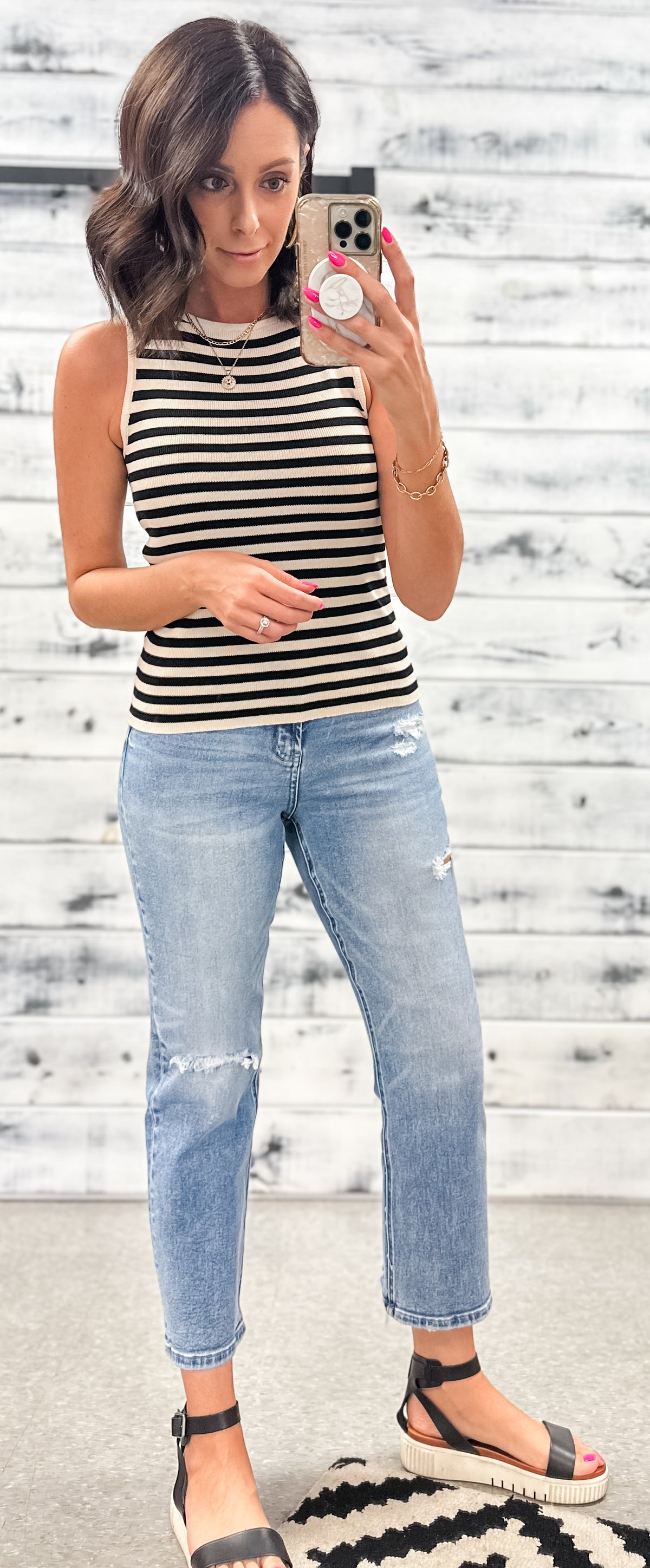 Cream &amp; Black Classic Stripe Tank