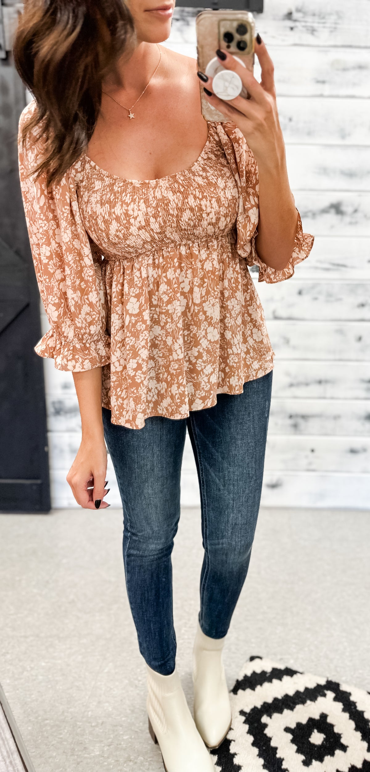 Tan &amp; Cream Floral 3/4 Sleeve Smocked Blouse