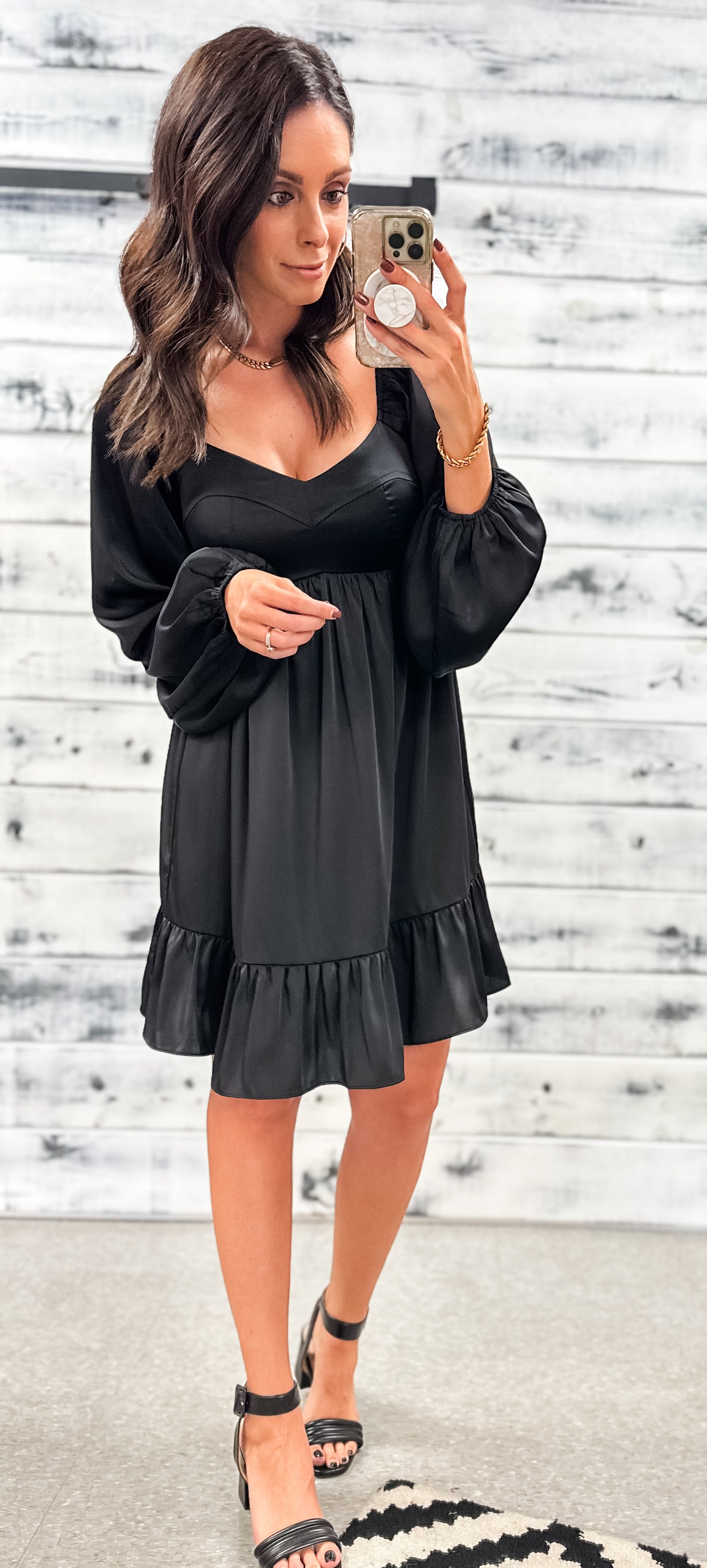 Black Satin Sweetheart Ruffle Dress - Grace and Garment Boutique