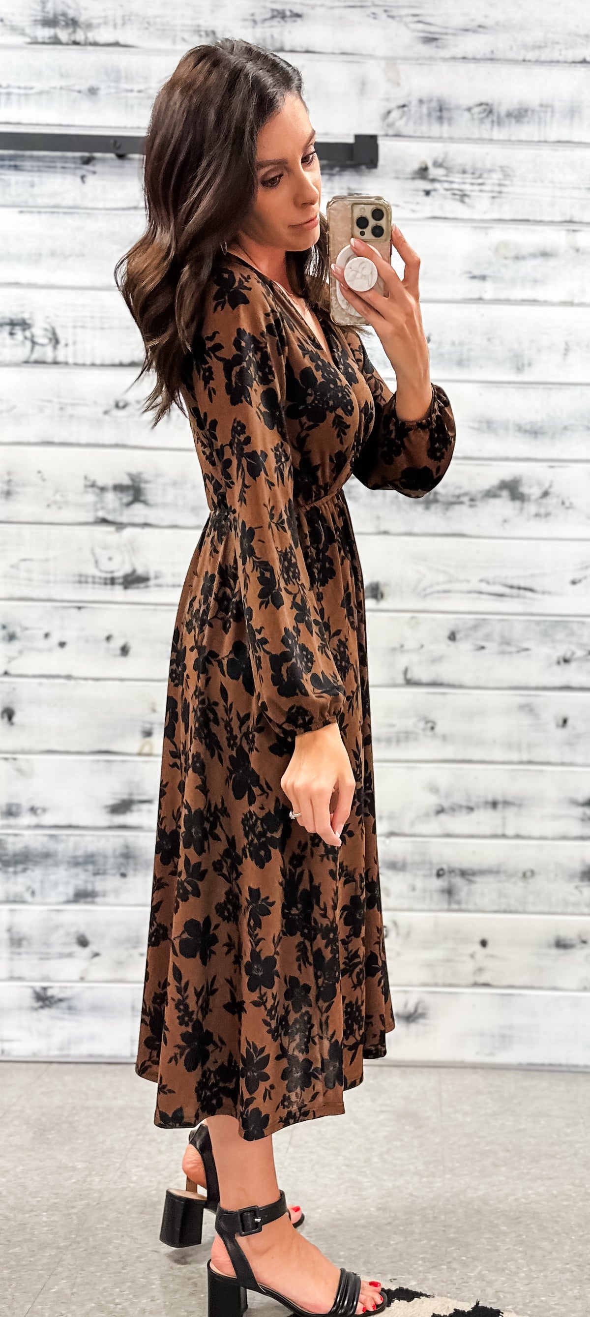 Brown &amp; Black Floral V-Neck Midi Dress