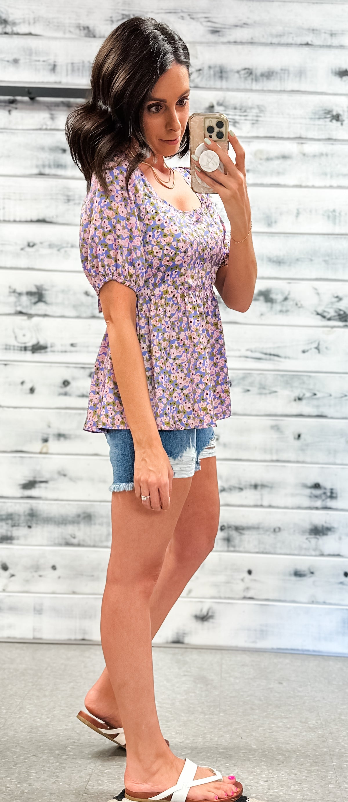 Lavender Floral Babydoll Puff Sleeve Blouse