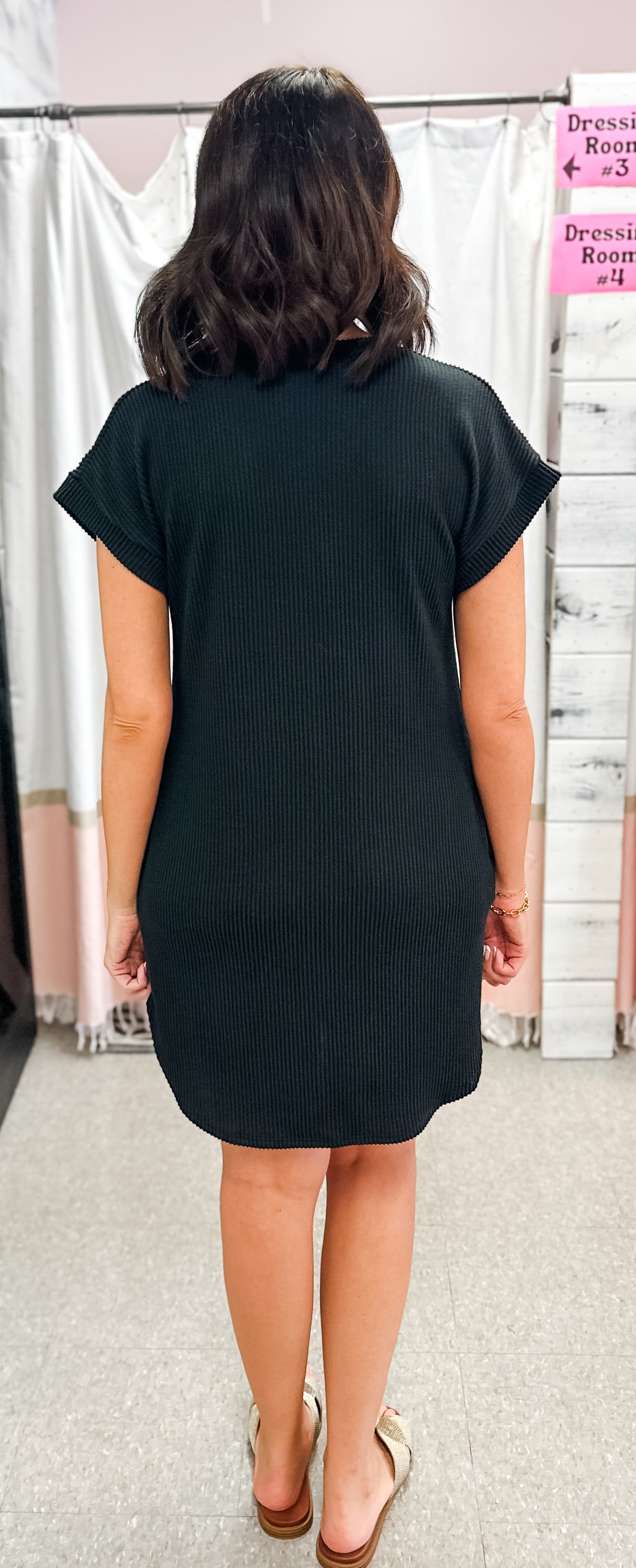 Black Ribbed V-Neck T-Shirt Dress