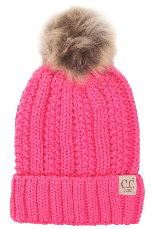 Kids Candy Pink Cable Knit Pom Beanie