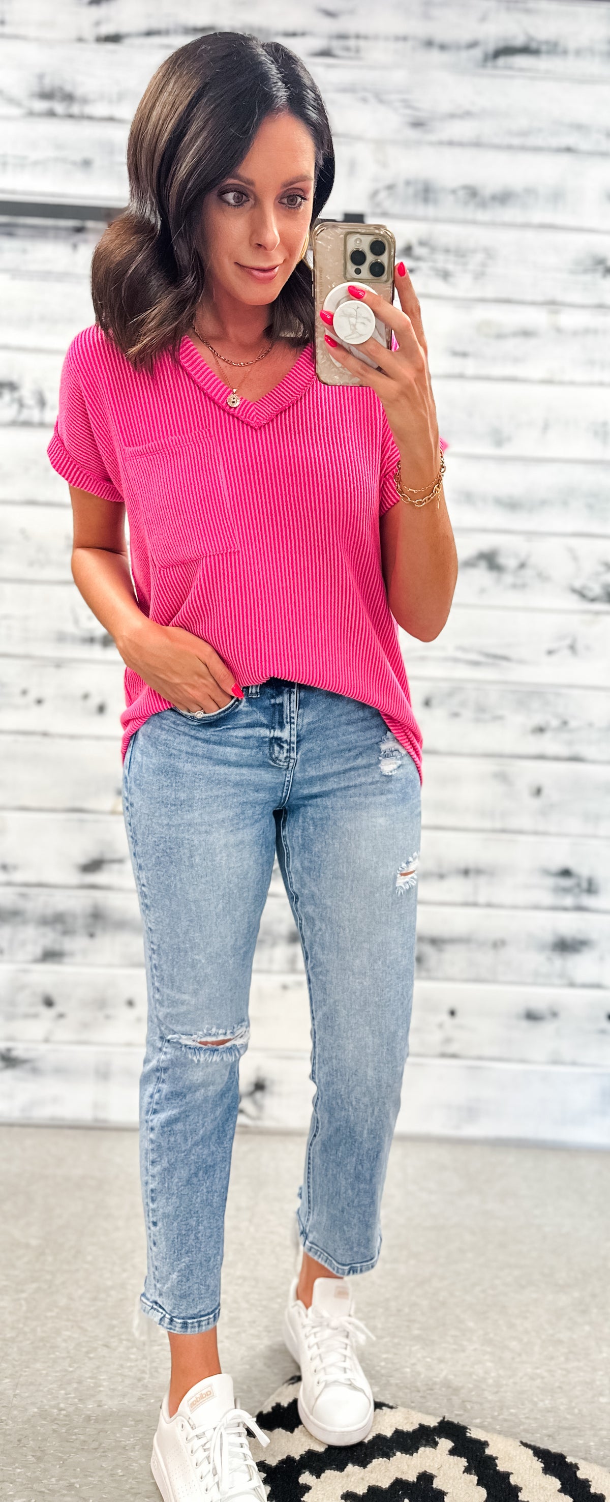 Hot Pink Ribbed V-Neck Reverse Seam Pocket Top