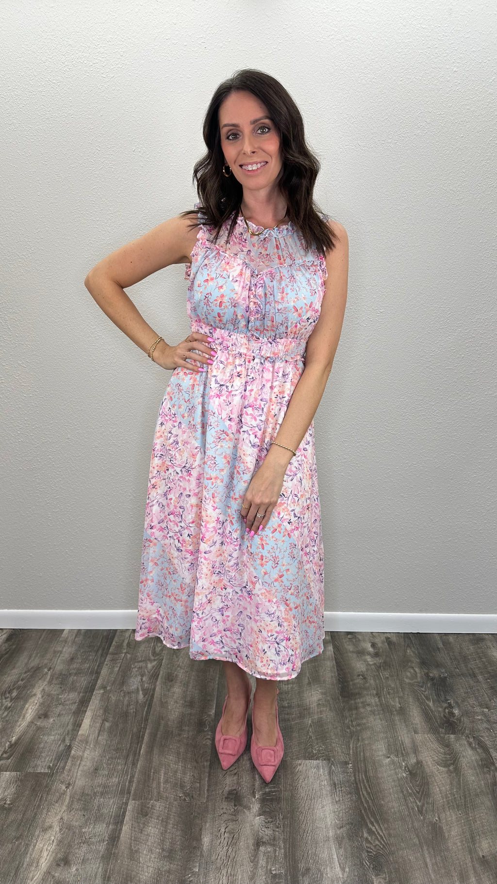 Petal Breeze High Neck Floral Midi Dress