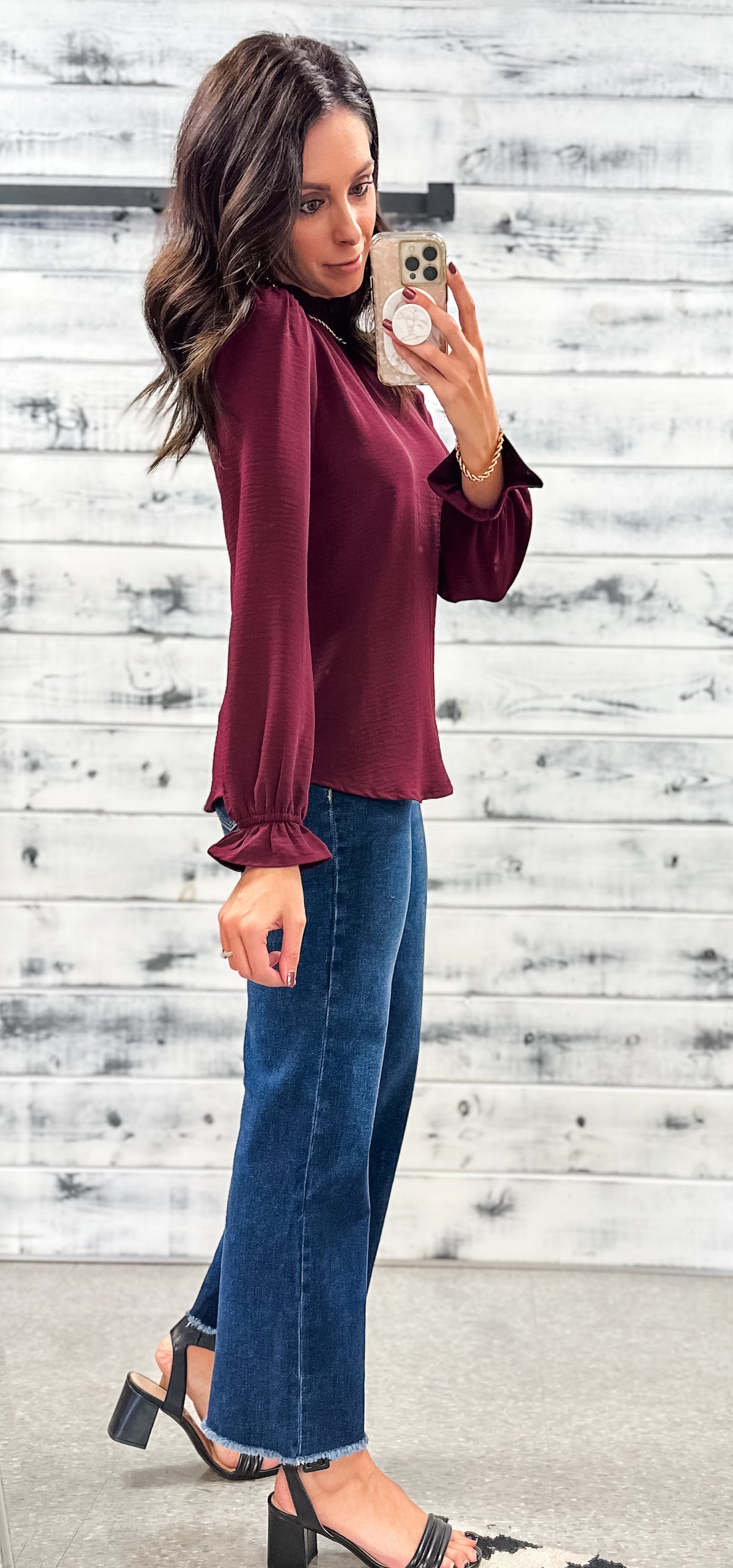 Wine Ruffle Neck Poofy Sleeve Blouse