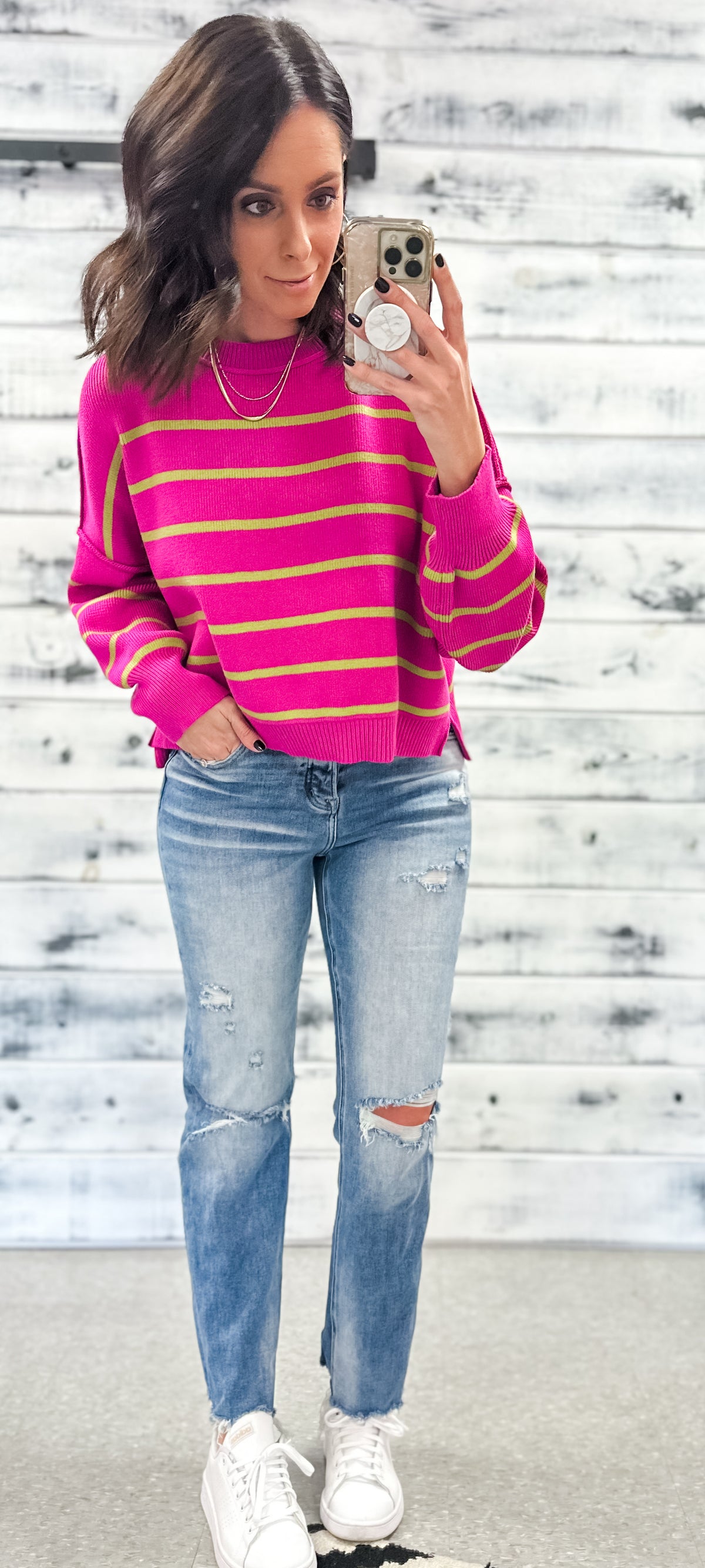 Magenta &amp; Lime Striped Relaxed Crop Sweater