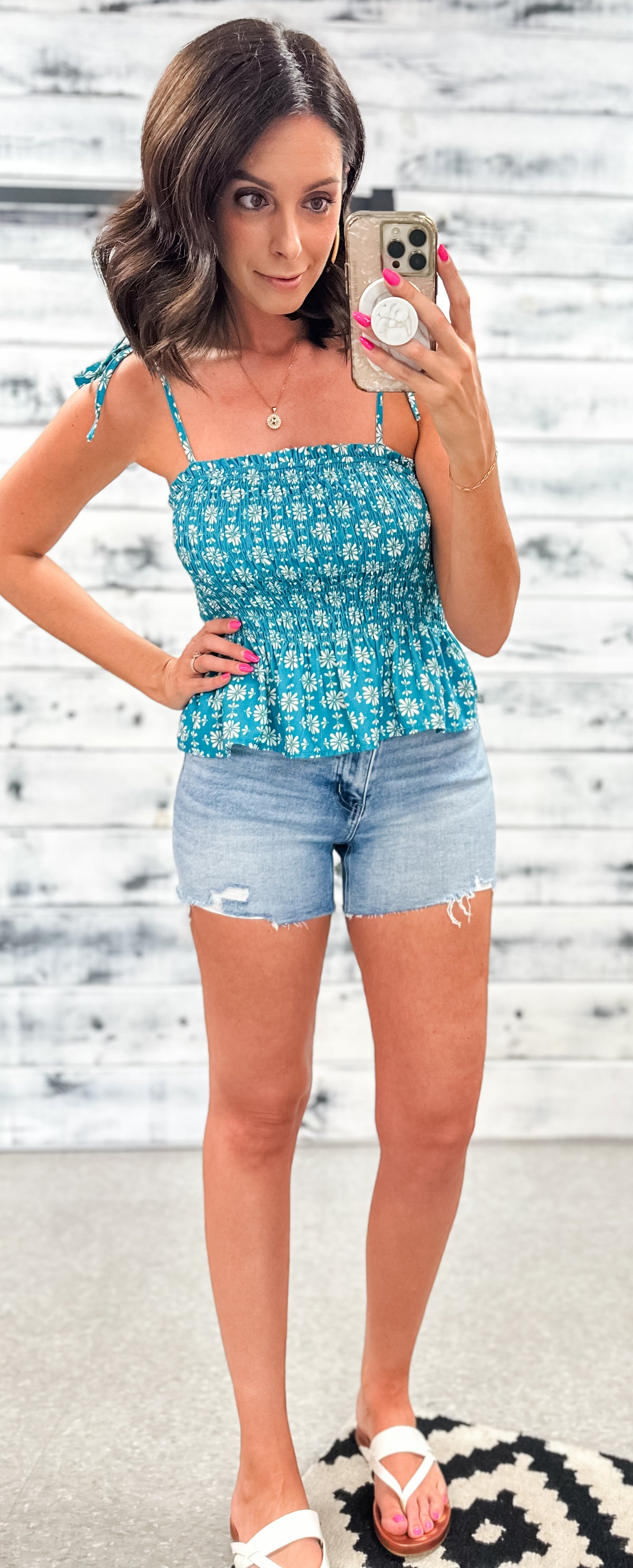 Teal Retro Floral Smocked Crop Tank