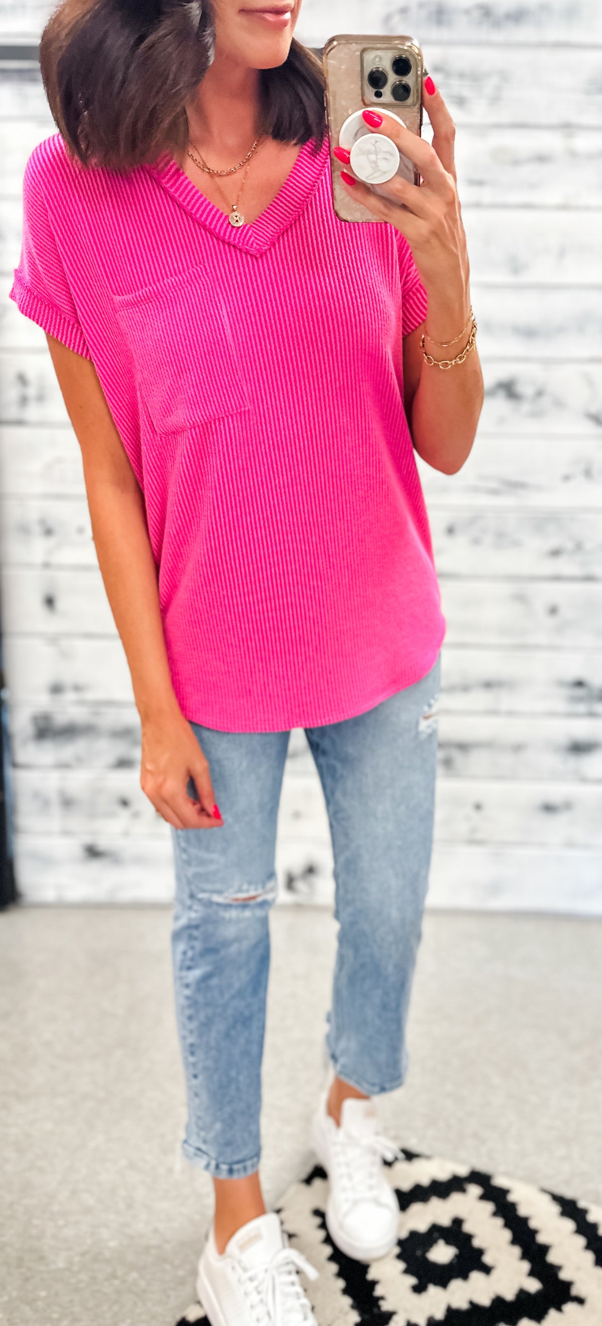 Hot Pink Ribbed V-Neck Reverse Seam Pocket Top