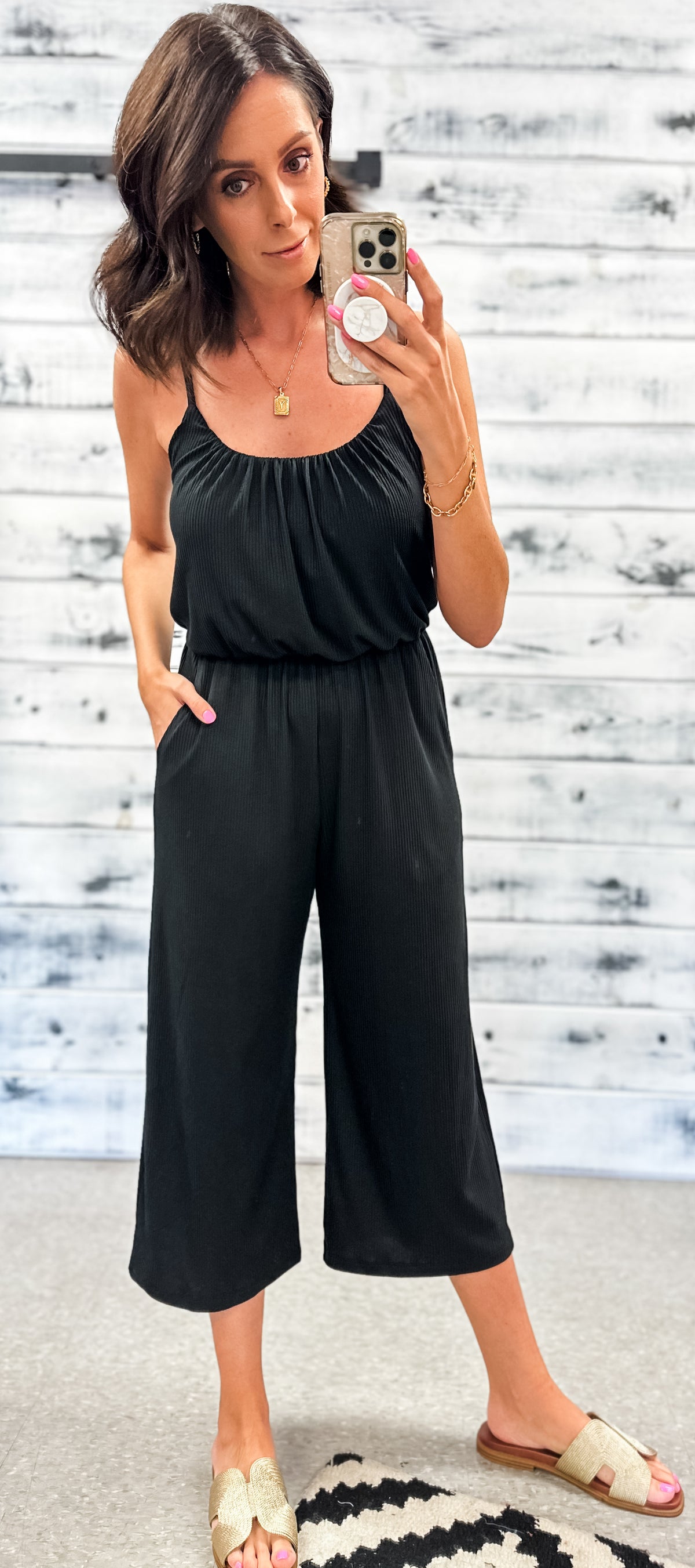 Black Ribbed Wide Leg Crop Jumpsuit