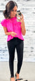 Hot Pink Satin Pleated Flutter Sleeve Blouse