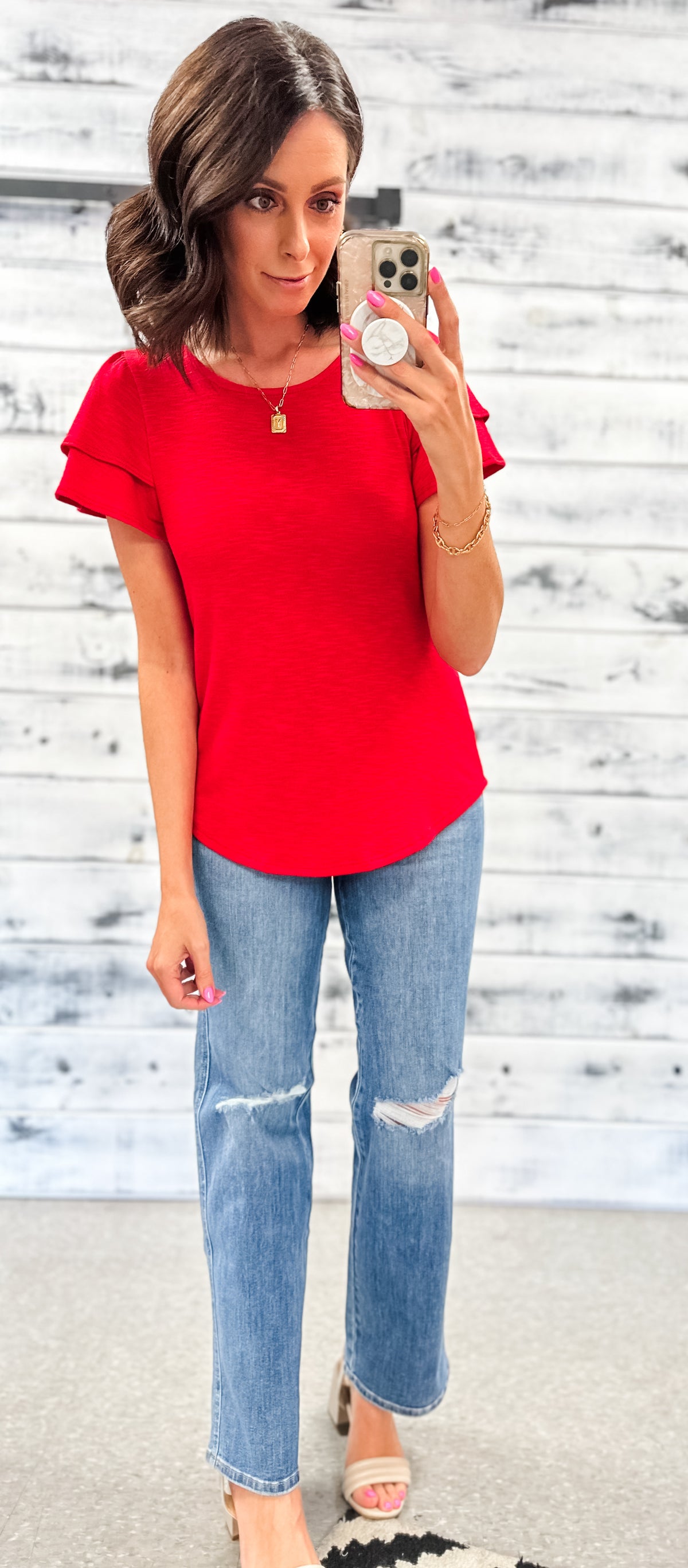 Red Double Ruffle Sleeve Top