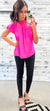 Hot Pink Satin Pleated Flutter Sleeve Blouse