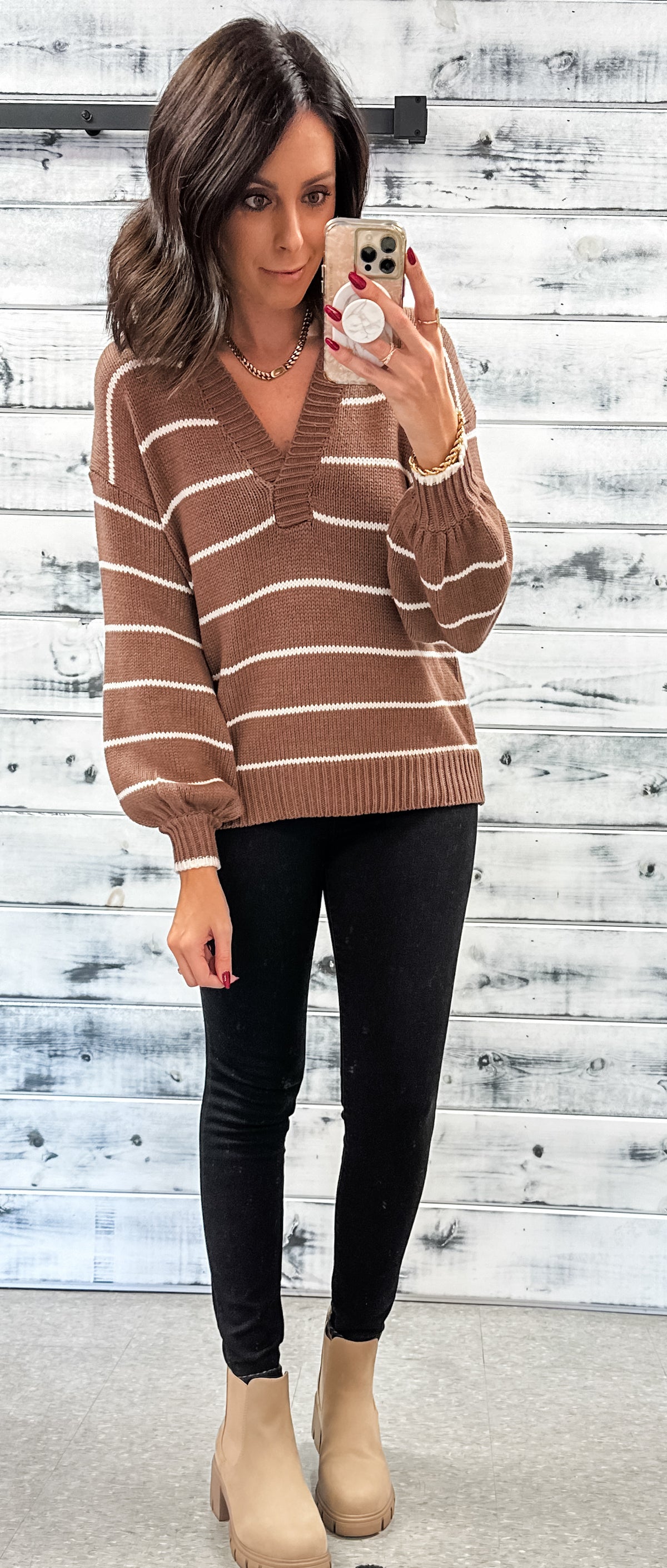 Brown &amp; Ivory Striped Collared V-Neck Sweater