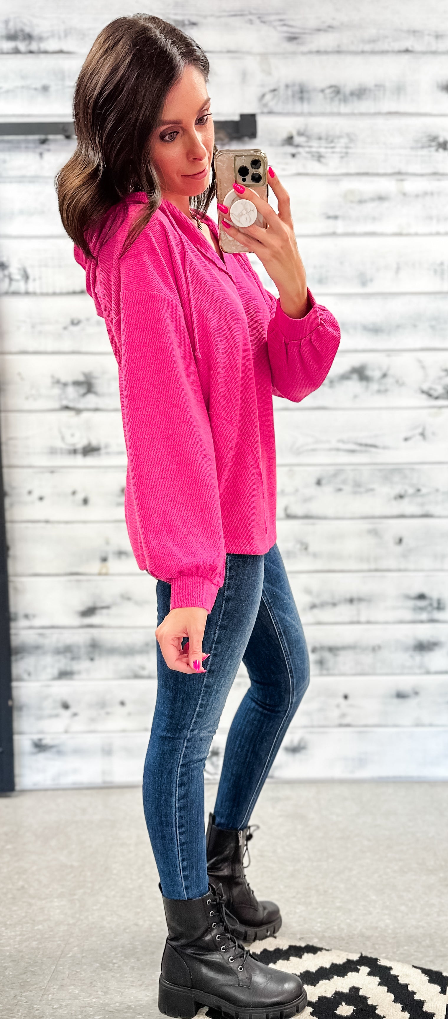 Hot Pink V Neck Poofy Sleeve Hoodie Top