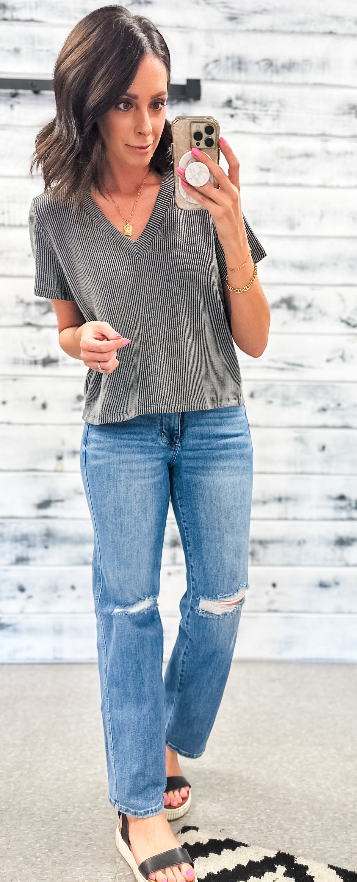 Charcoal Ribbed V-Neck Relaxed Crop Tee