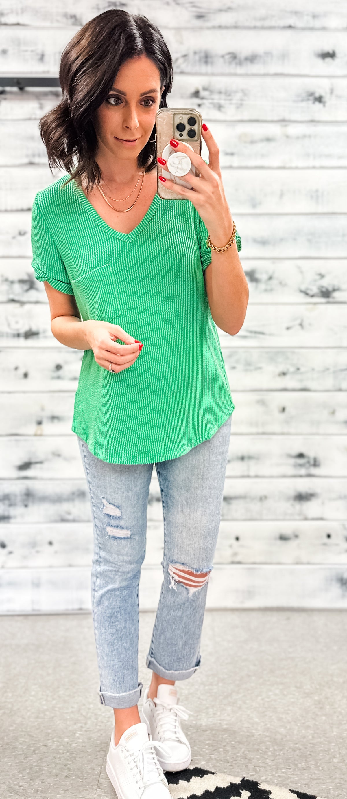 Spring Green Ribbed V-Neck Pocket Top