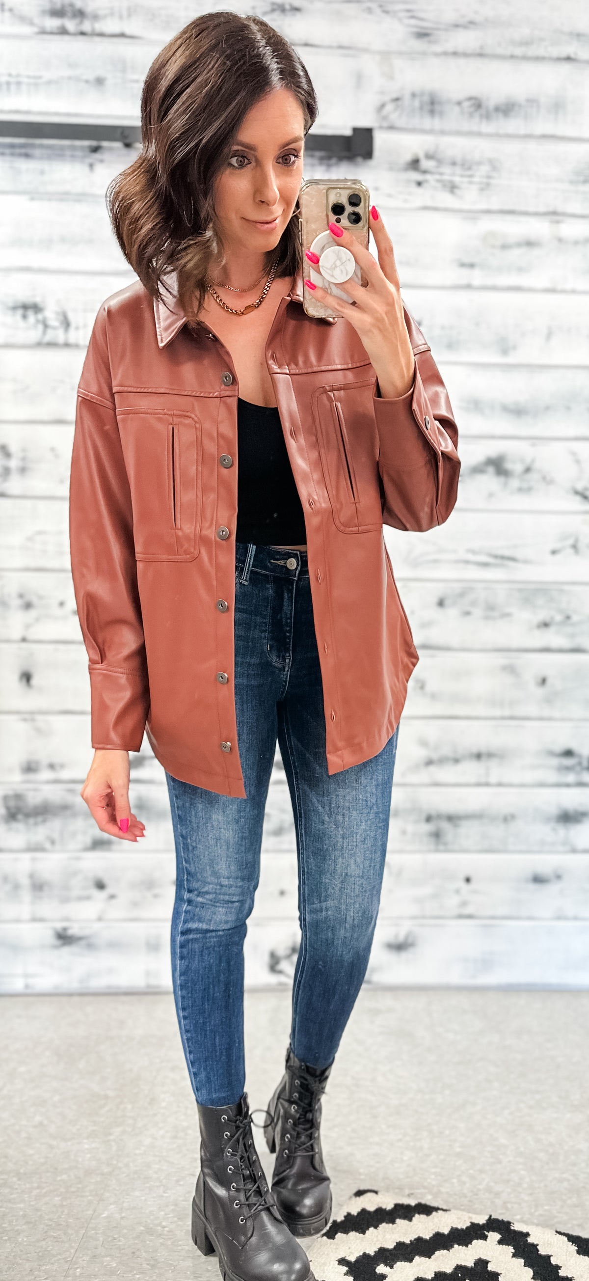 Brown Faux Leather Shacket