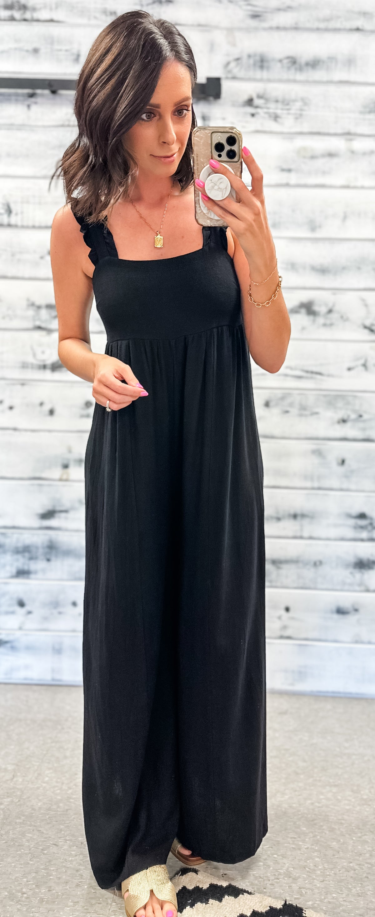 Black Linen Ruffle Strap Wide Leg Jumpsuit