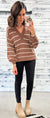 Brown & Ivory Striped Collared V-Neck Sweater