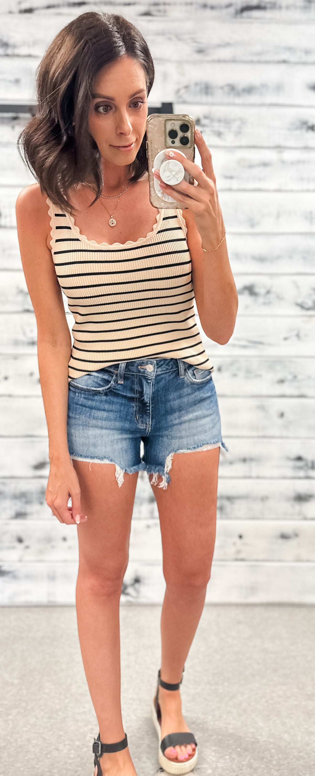 Tan &amp; Black Striped Scalloped Ribbed Tank