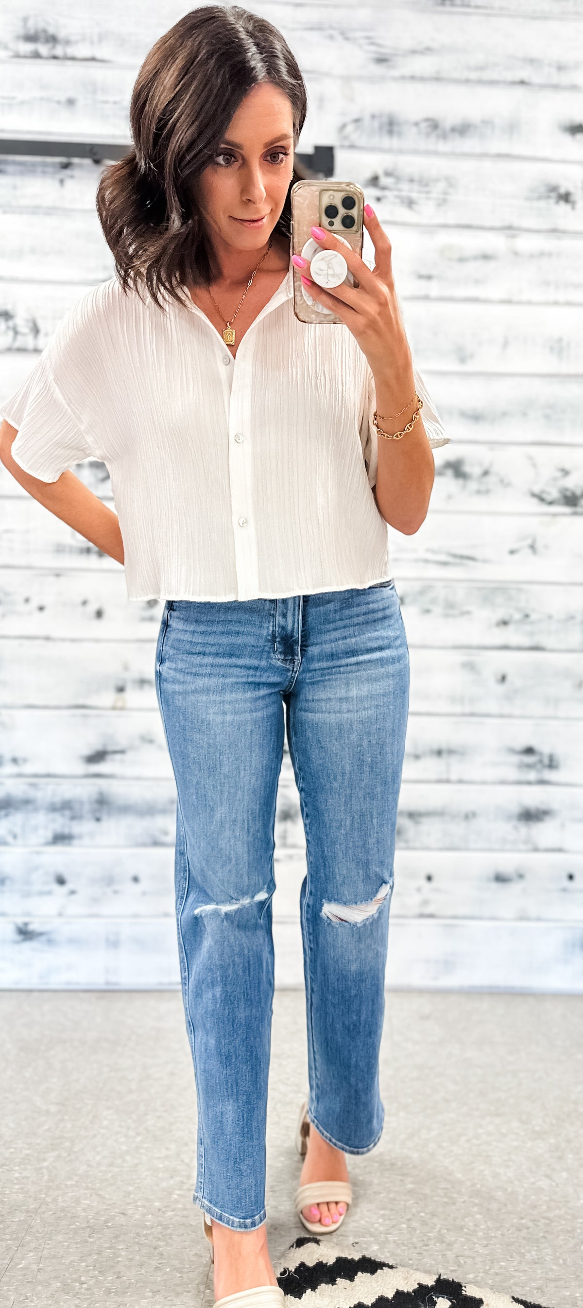 White Textured Button Down Crop Blouse