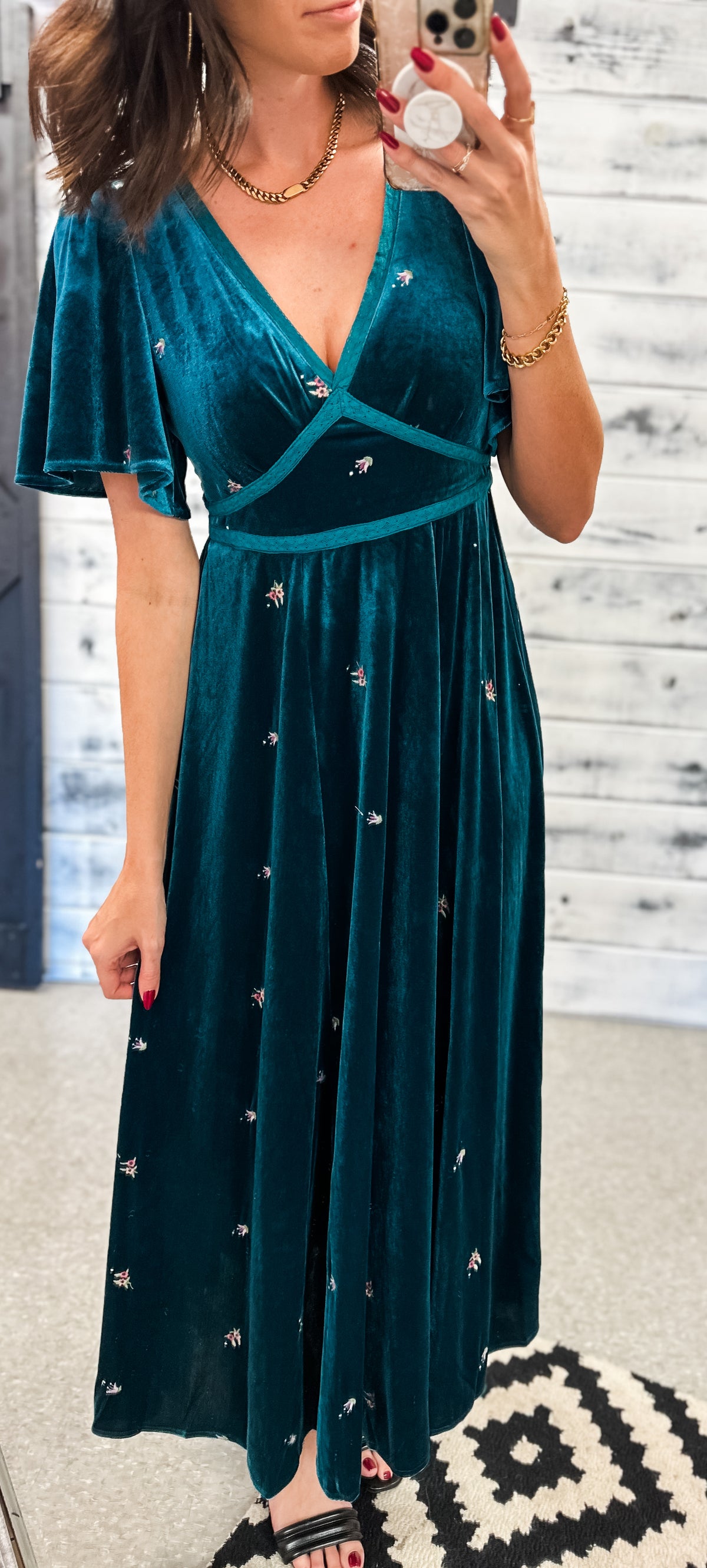 Deep Jade Embroidered Velvet Flutter Dress