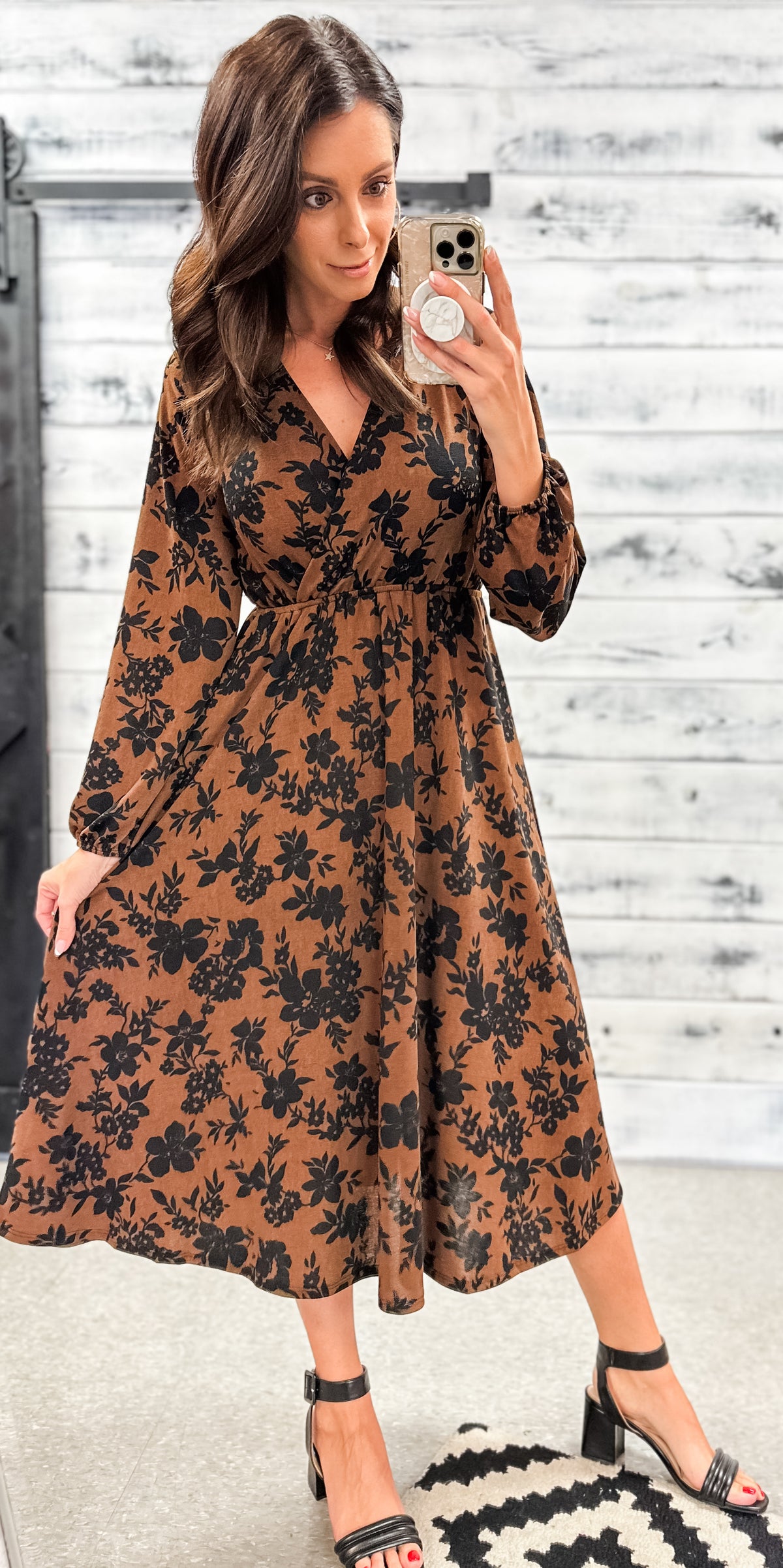 Brown &amp; Black Floral V-Neck Midi Dress