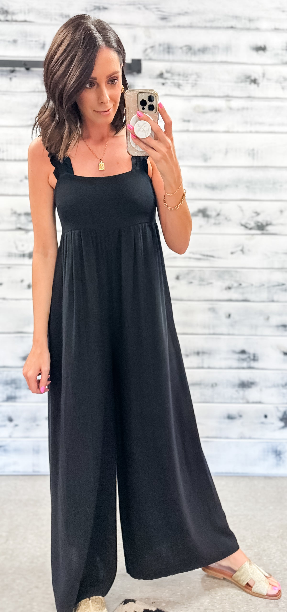 Black Linen Ruffle Strap Wide Leg Jumpsuit