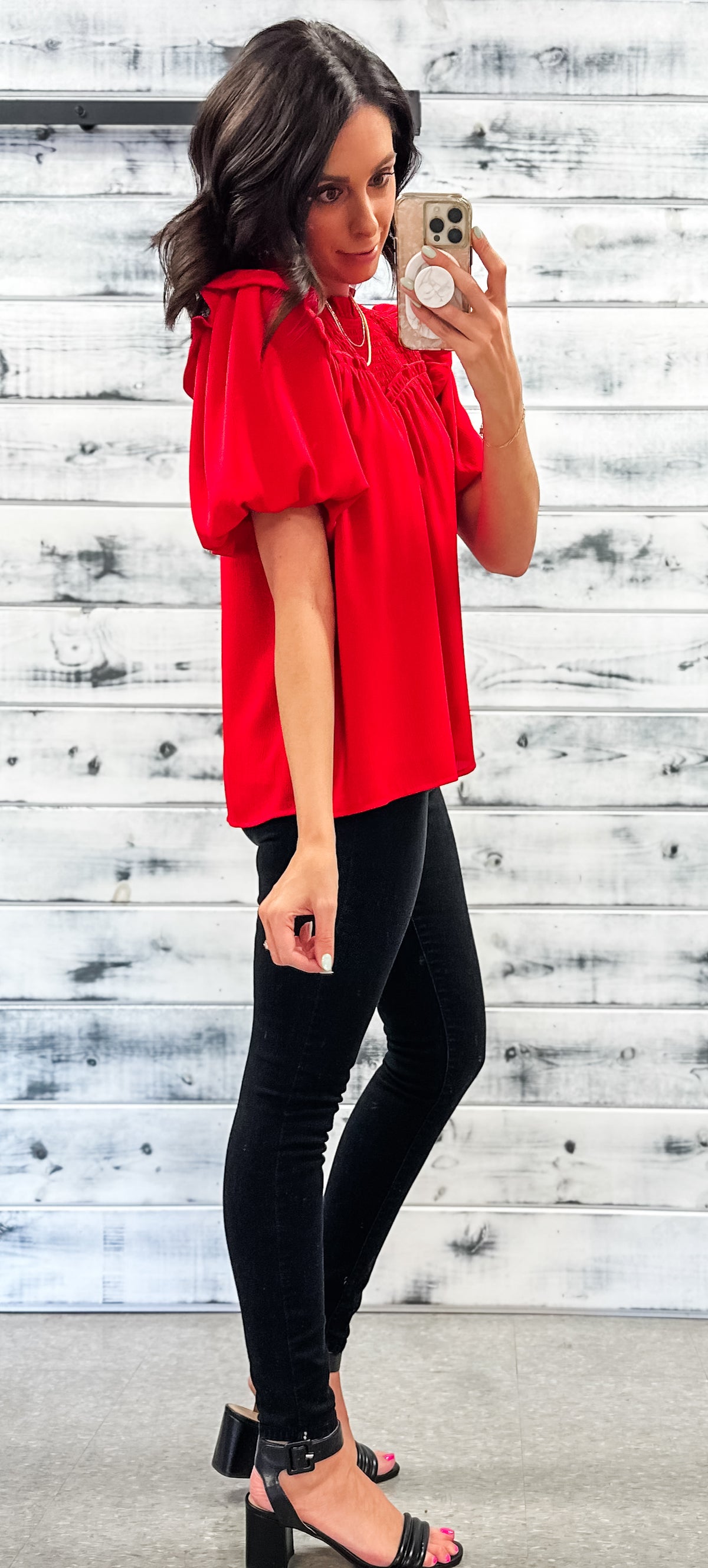 Red Smock &amp; Ruffle Bubble Sleeve Blouse