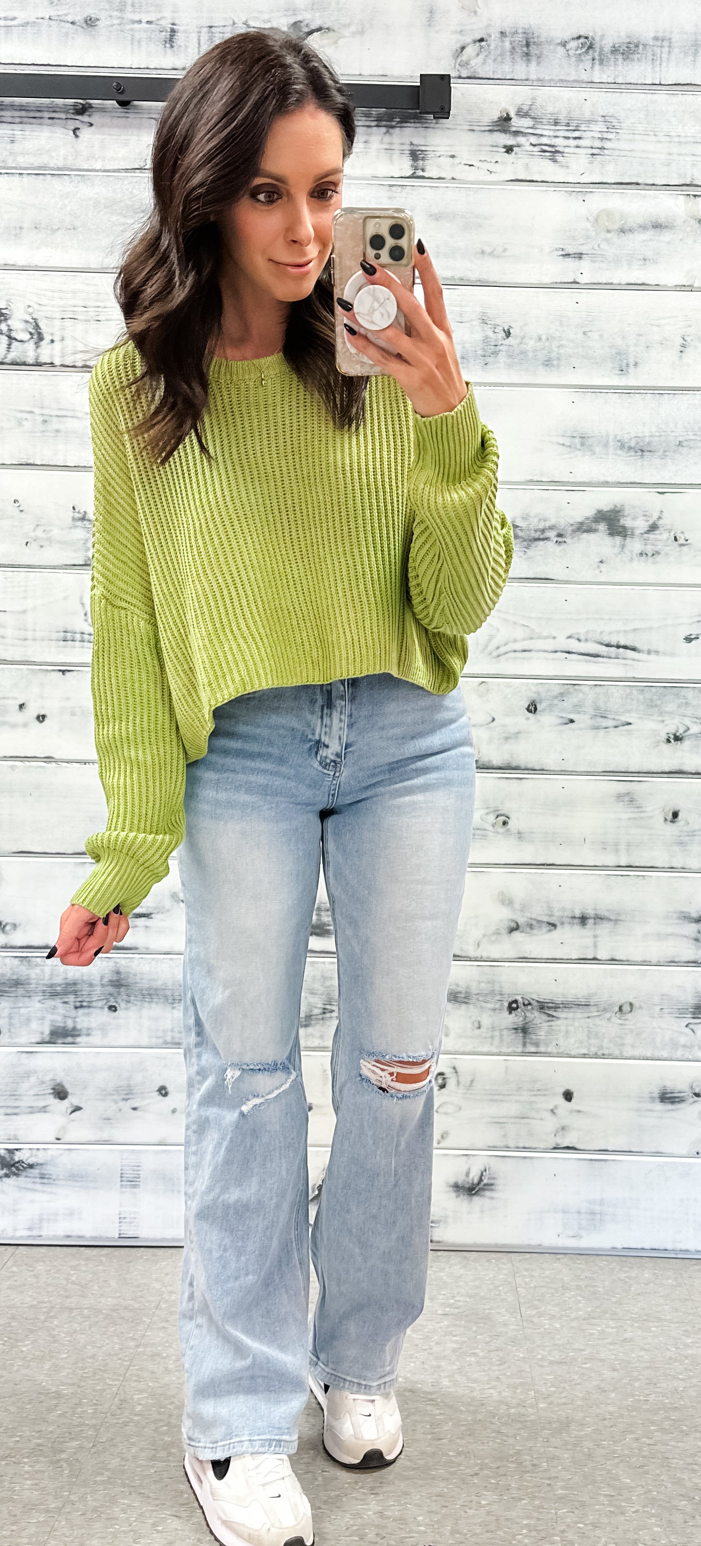 Light green sweater outfit online