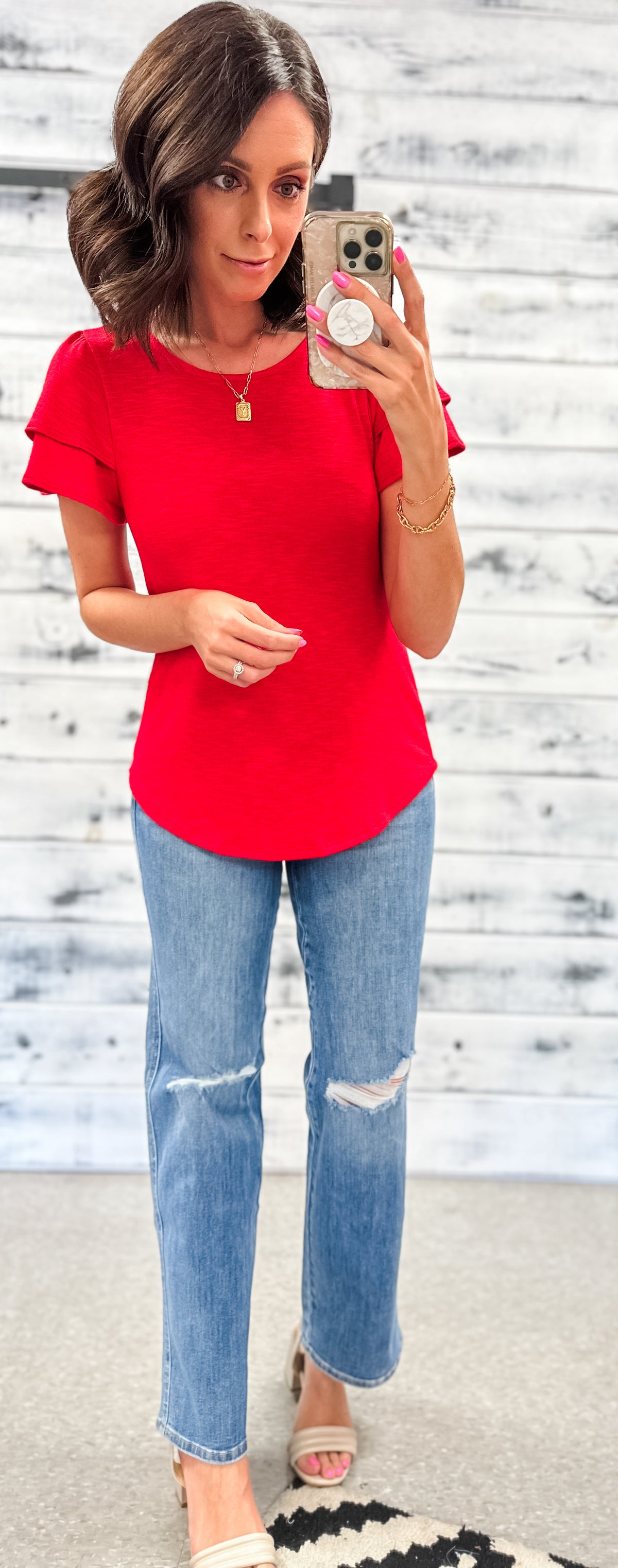 Red Double Ruffle Sleeve Top