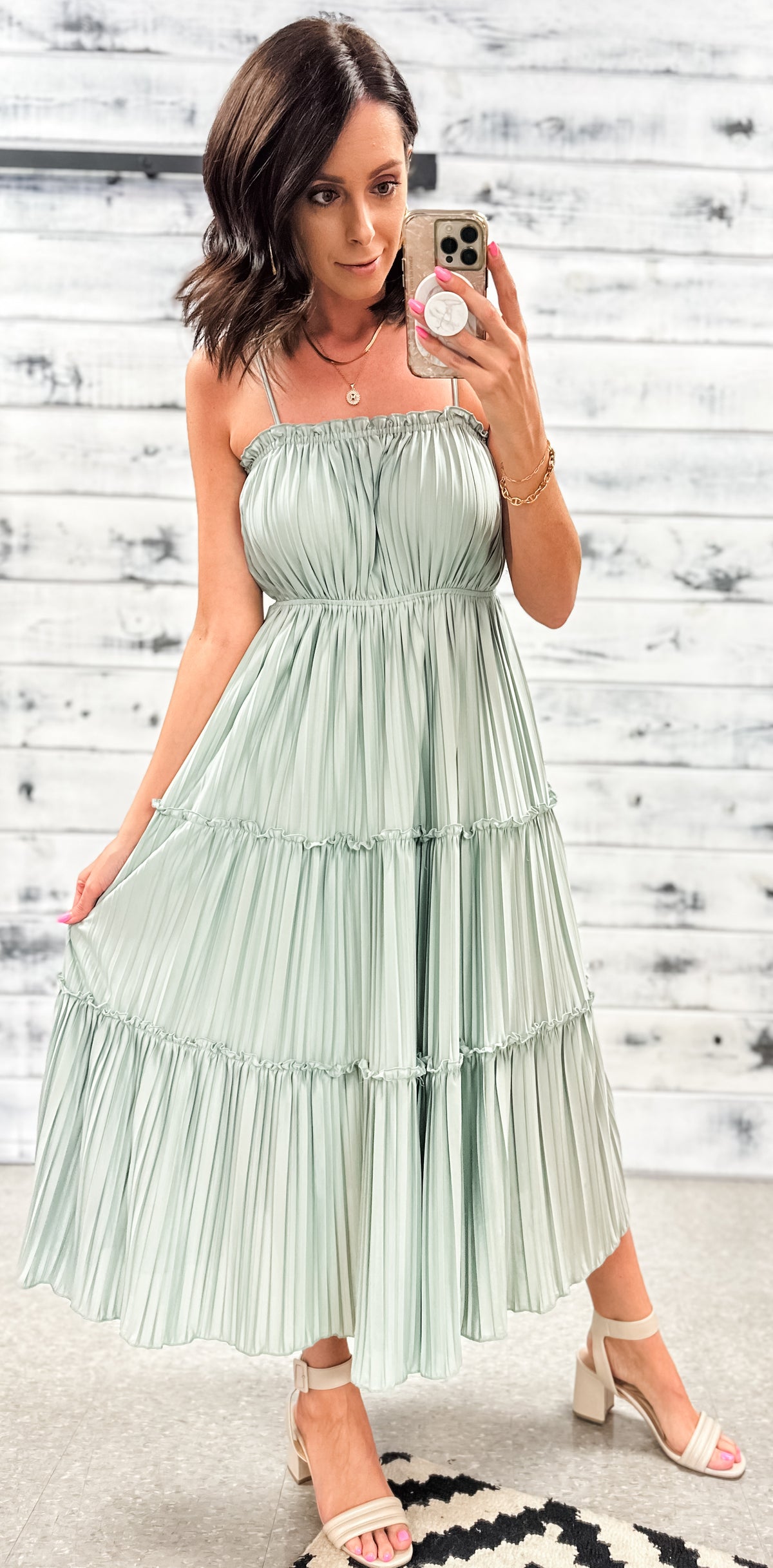 Muted Sage Pleated &amp; Tiered Maxi Dress