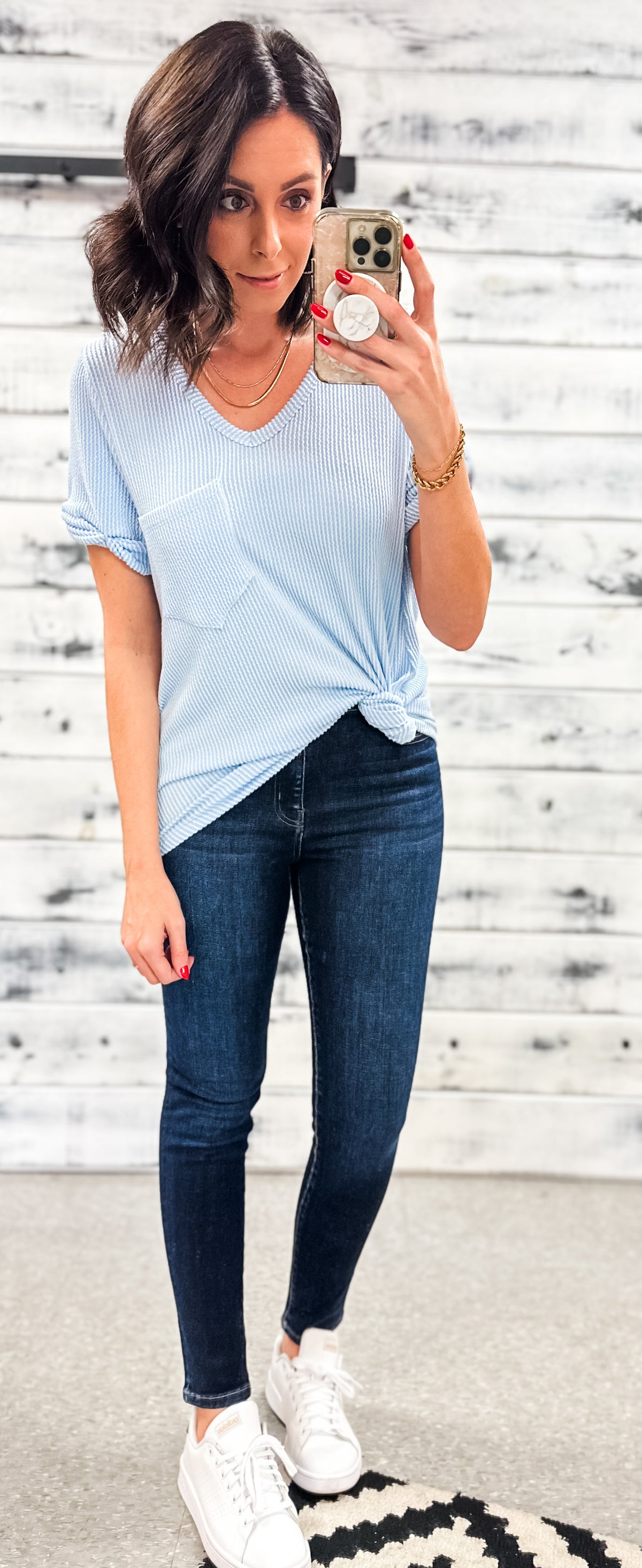 Sky Blue Ribbed V-Neck Pocket Top