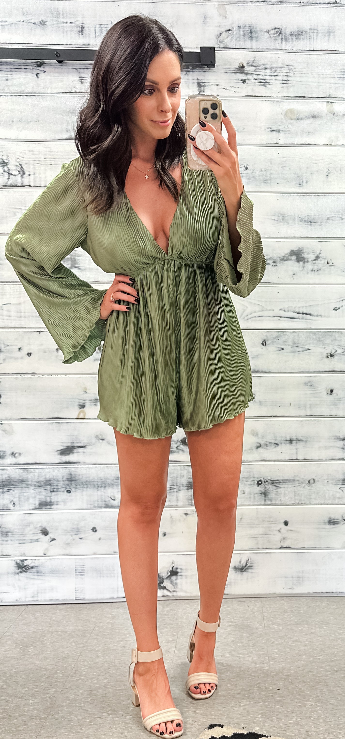 Olive Wave Texture Bell Sleeve Romper - Grace and Garment Boutique