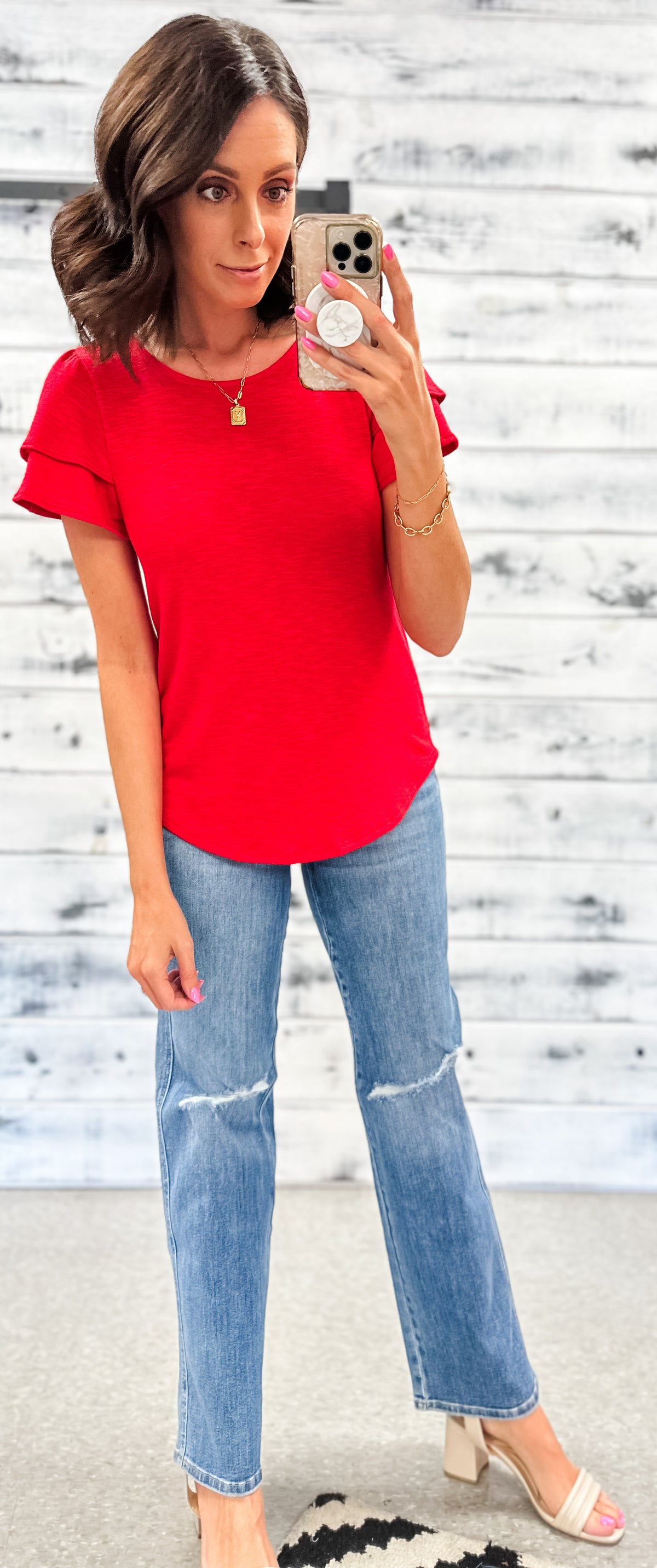 Red Double Ruffle Sleeve Top