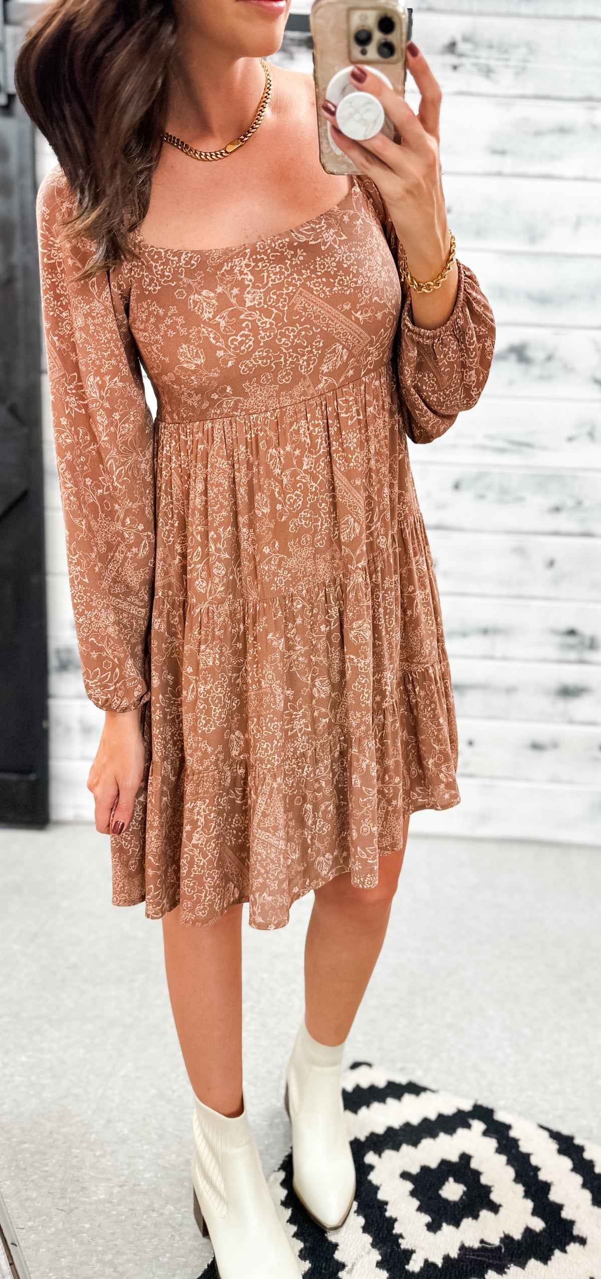 Muted Brown Floral Tiered Dress