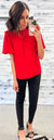 Red Smock & Ruffle Bubble Sleeve Blouse