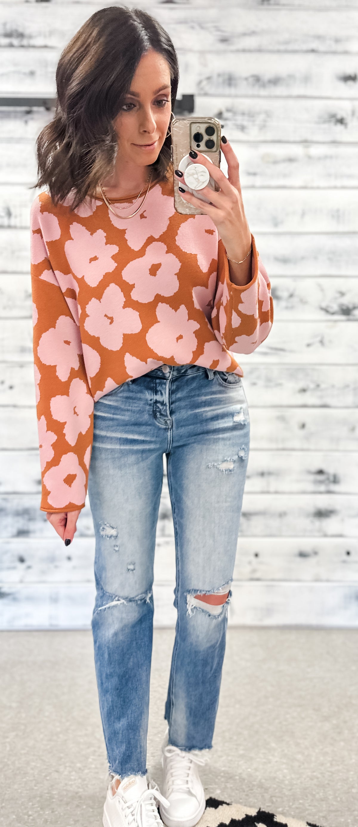 Camel &amp; Blush Floral Relaxed Crop Sweater