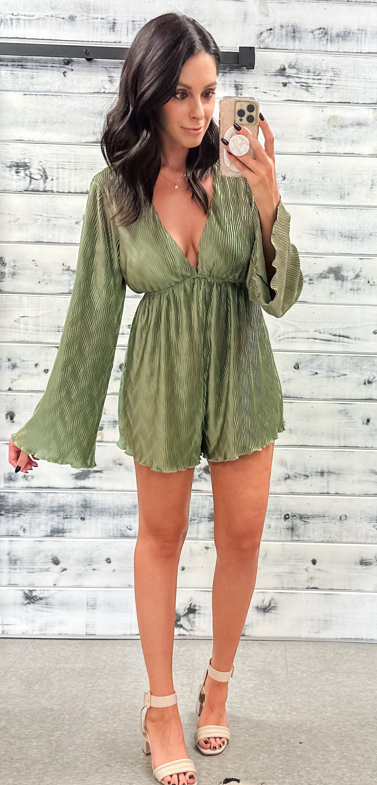 Olive Wave Texture Bell Sleeve Romper - Grace and Garment Boutique