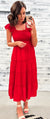 Radiant Red Smocked Tiered Ruffle Midi Dress