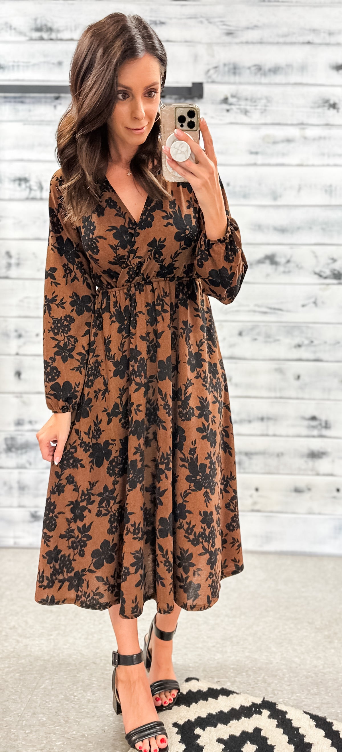 Brown &amp; Black Floral V-Neck Midi Dress