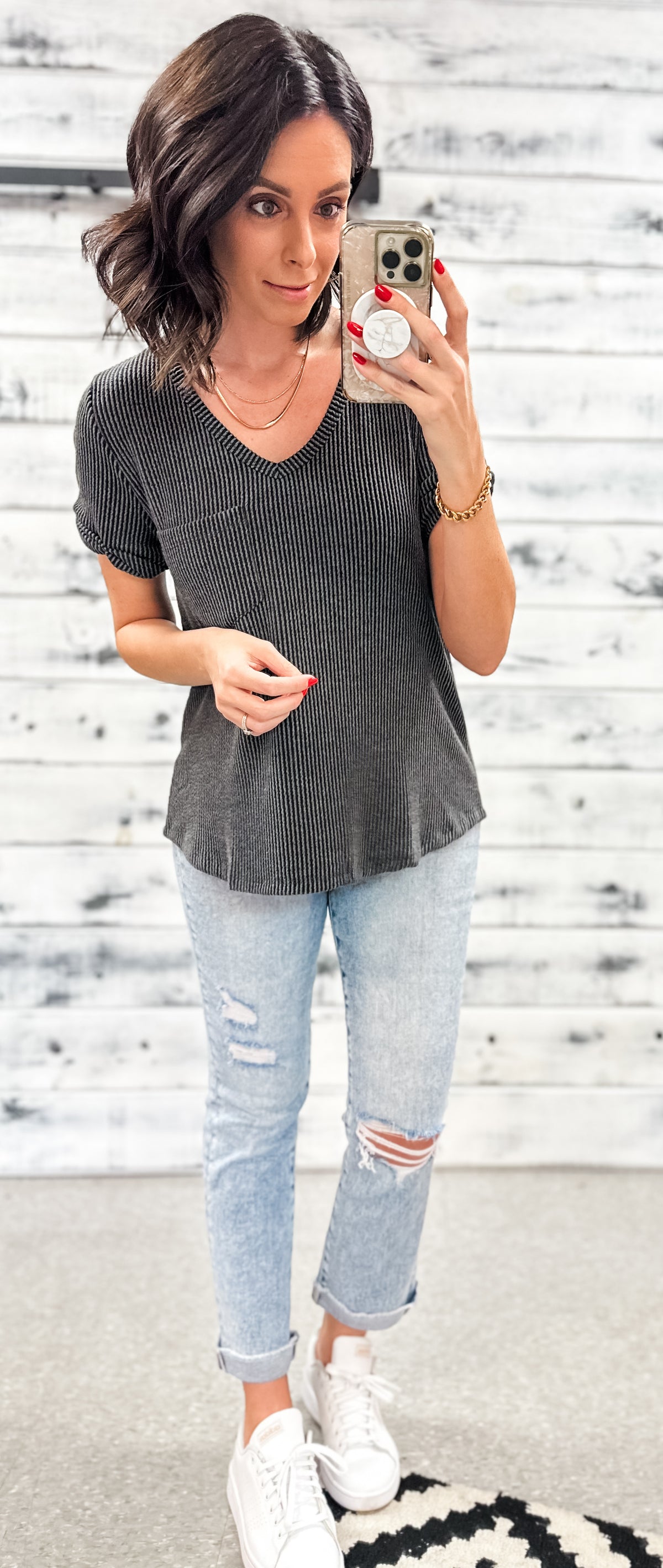 Charcoal Ribbed V-Neck Pocket Top