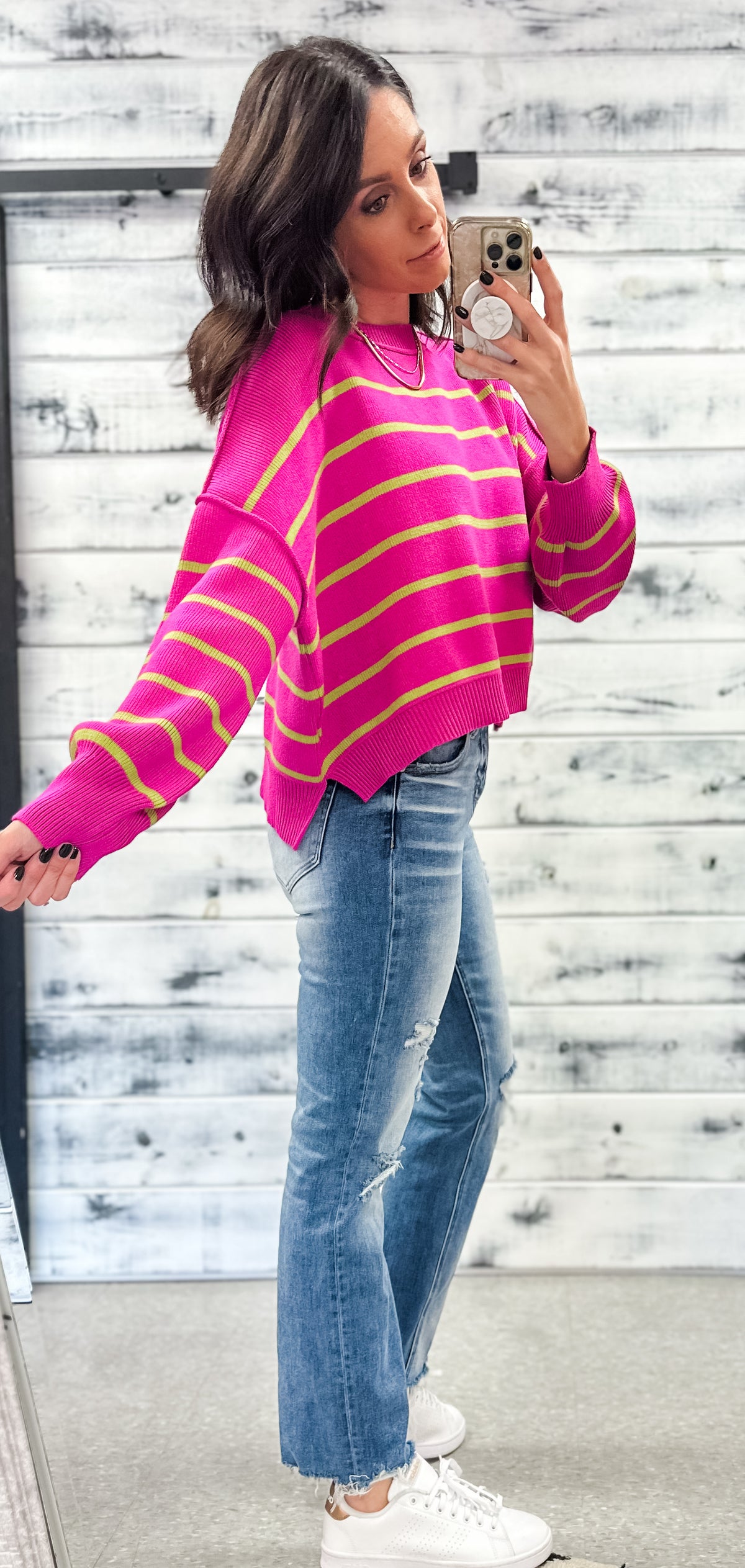 Magenta &amp; Lime Striped Relaxed Crop Sweater