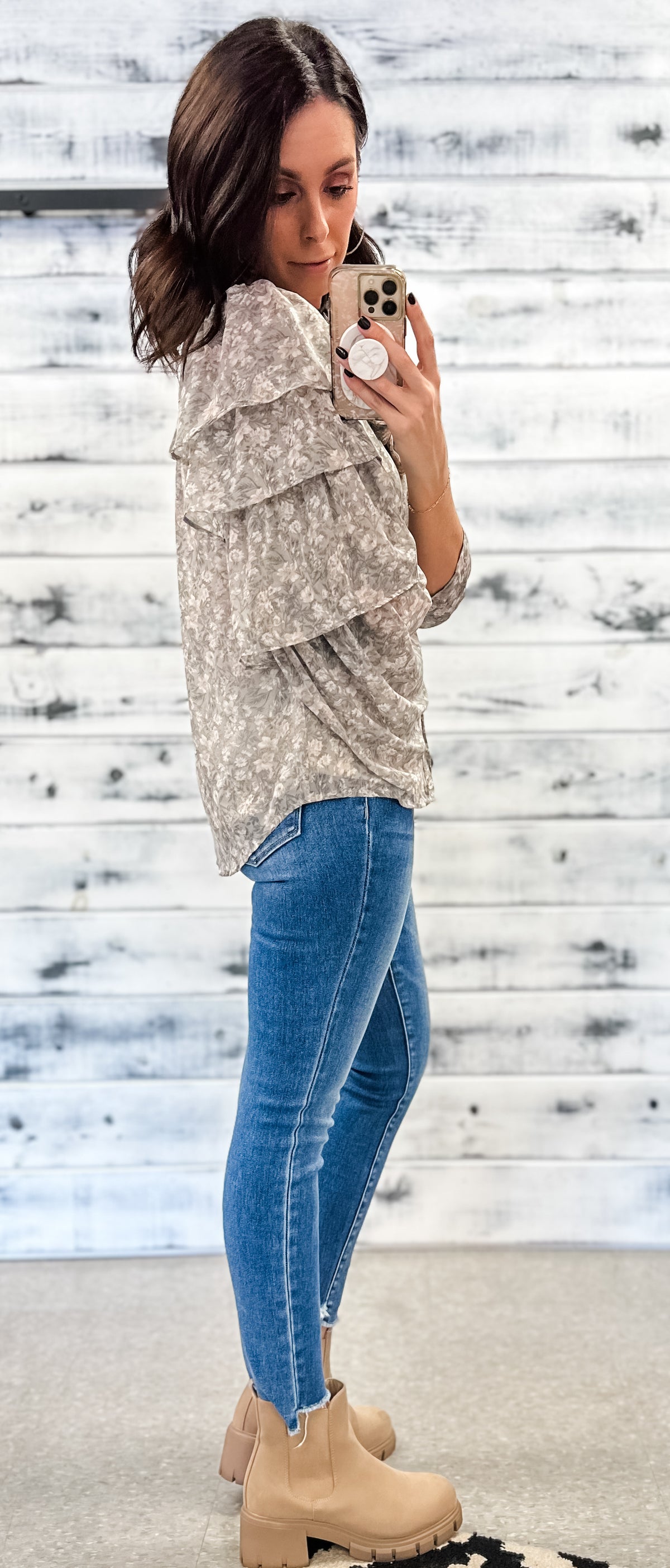 Grey Floral Tiered Sleeve Blouse